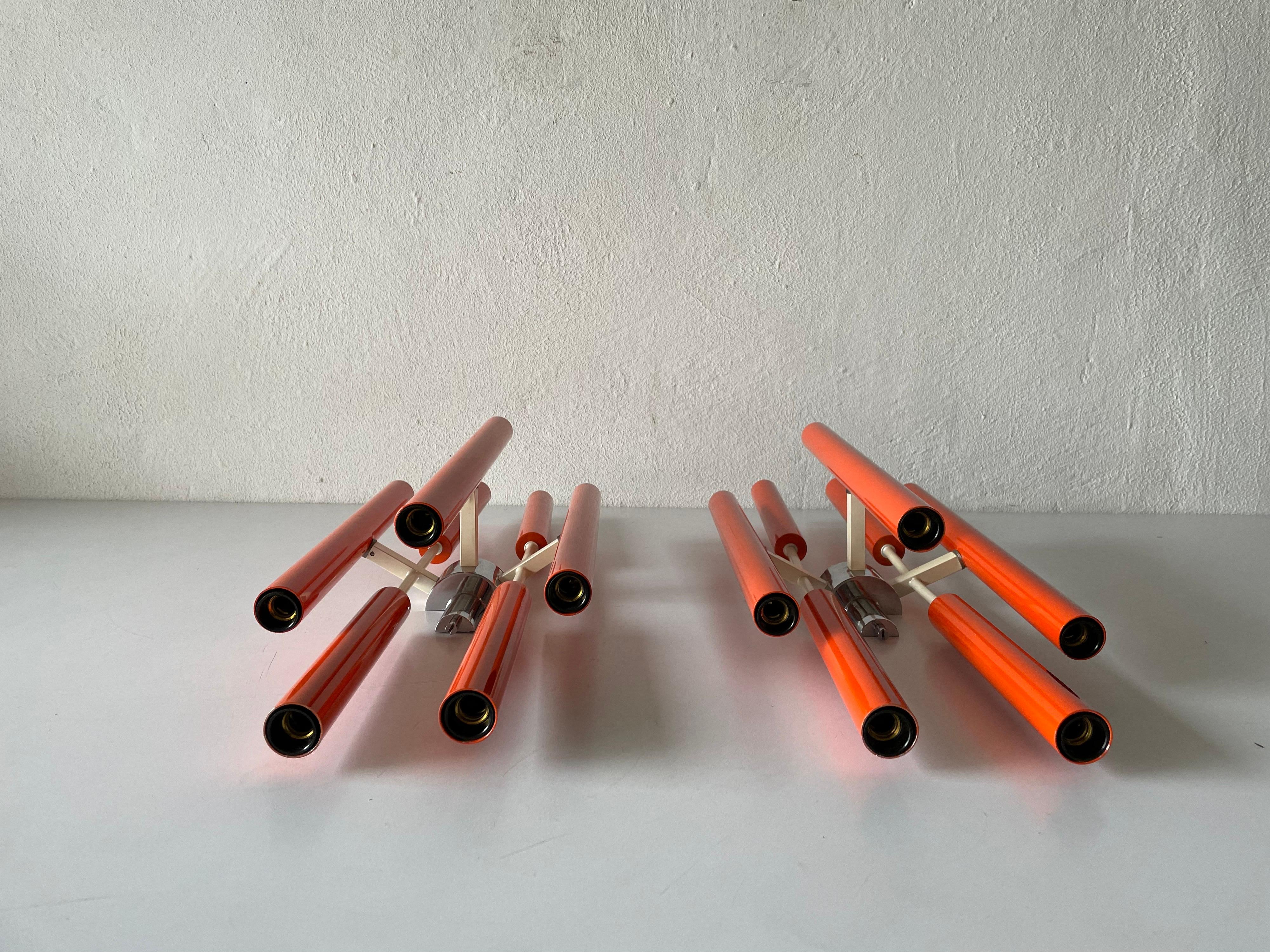 Italian Orange Metal 10 Socket Tubes Exclusive Large Pair of Sconces, 1970s, Italy For Sale