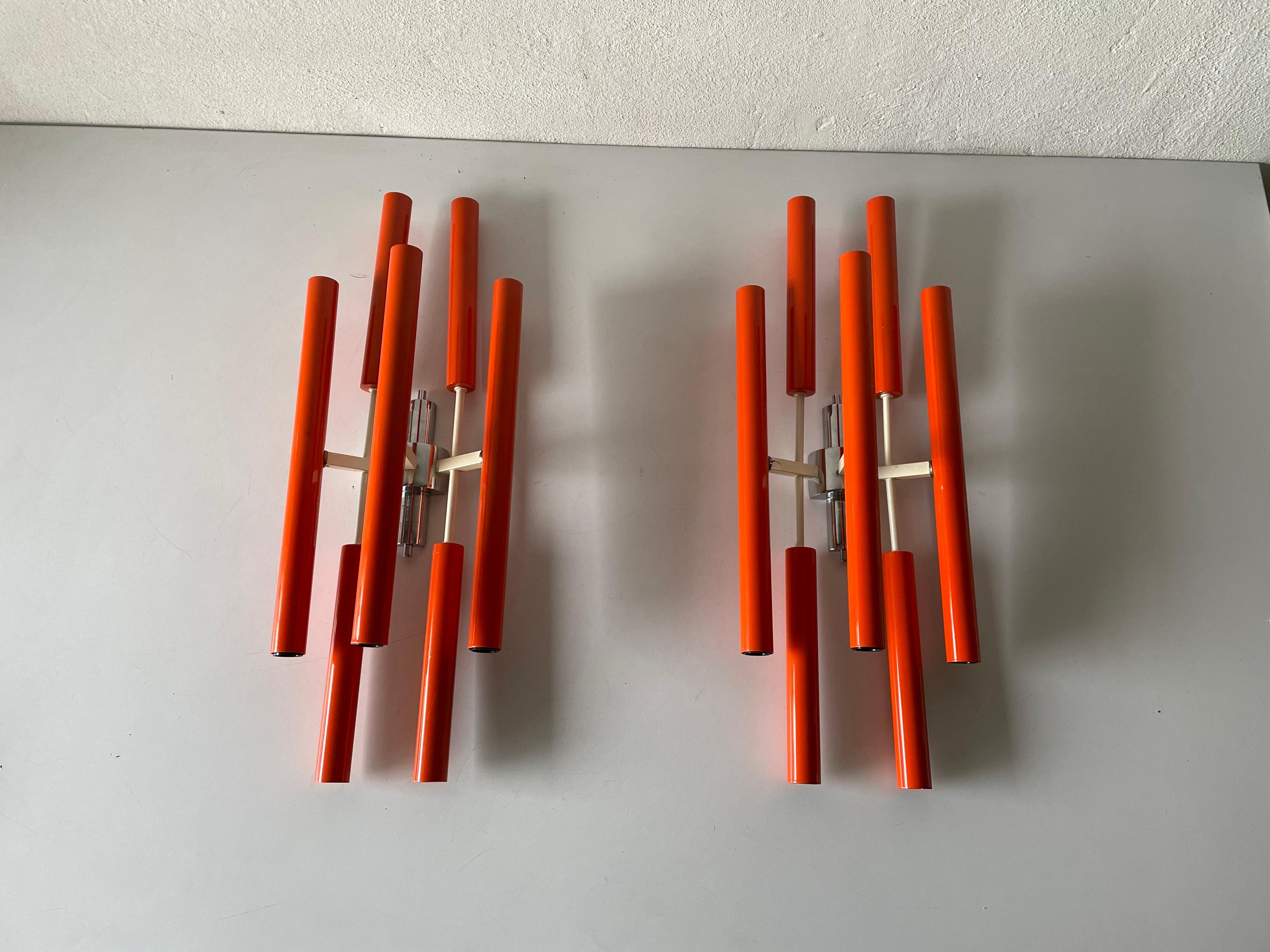 Orange Metal 10 Socket Tubes Exclusive Large Pair of Sconces, 1970s, Italy In Good Condition For Sale In Hagenbach, DE