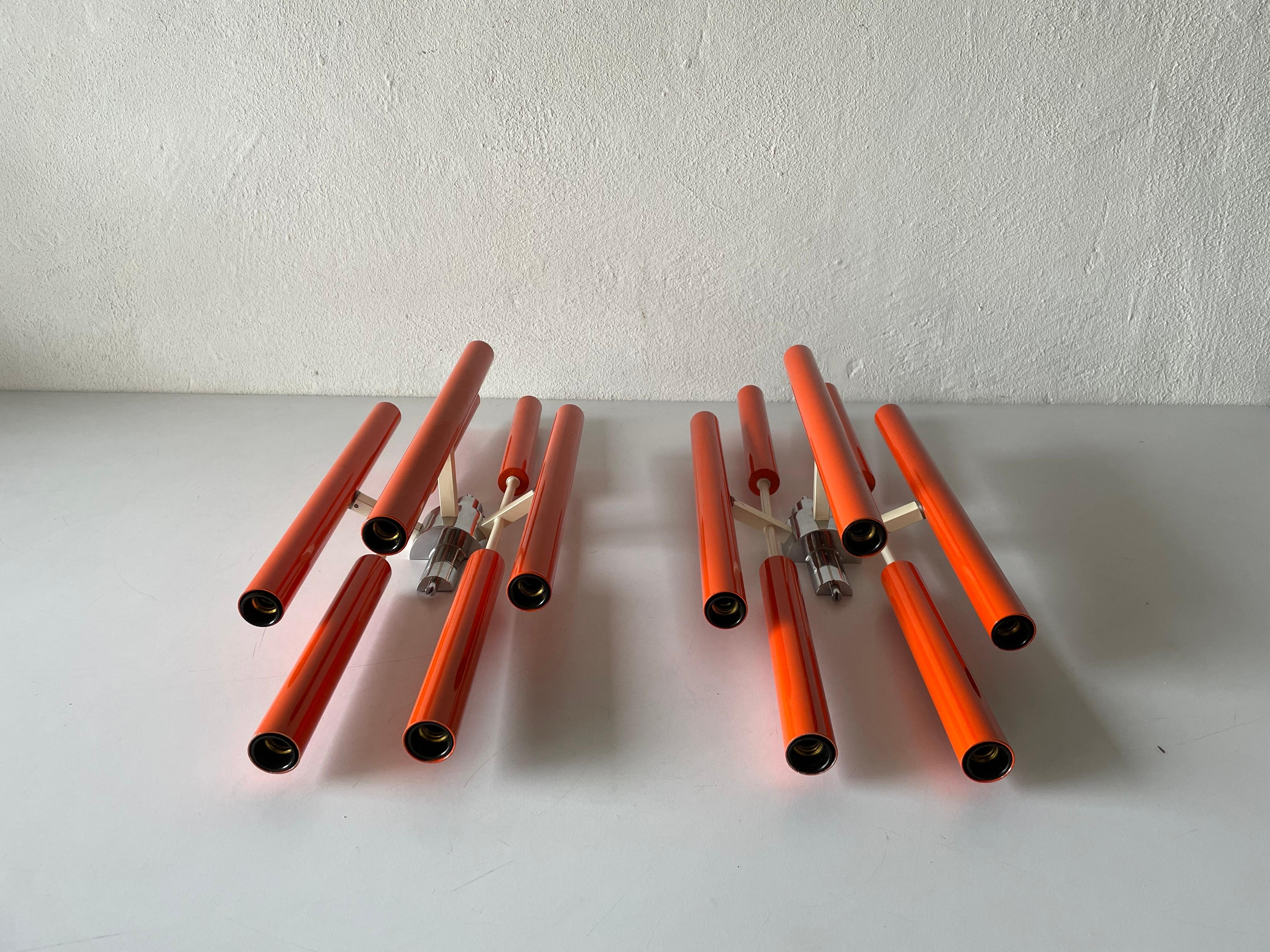 Late 20th Century Orange Metal 10 Socket Tubes Exclusive Large Pair of Sconces, 1970s, Italy For Sale