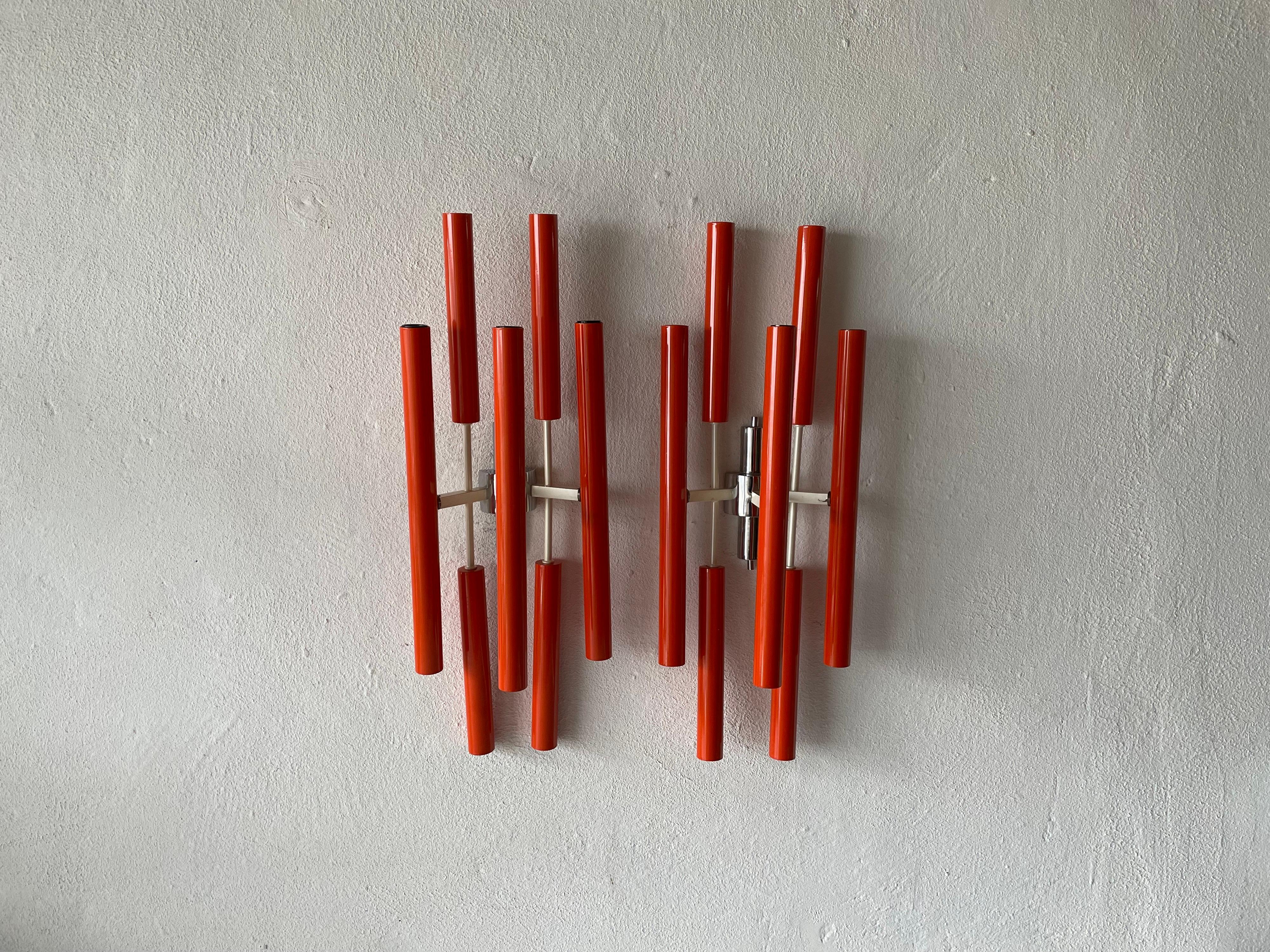 Orange Metal 10 Socket Tubes Exclusive Large Pair of Sconces, 1970s, Italy For Sale 1