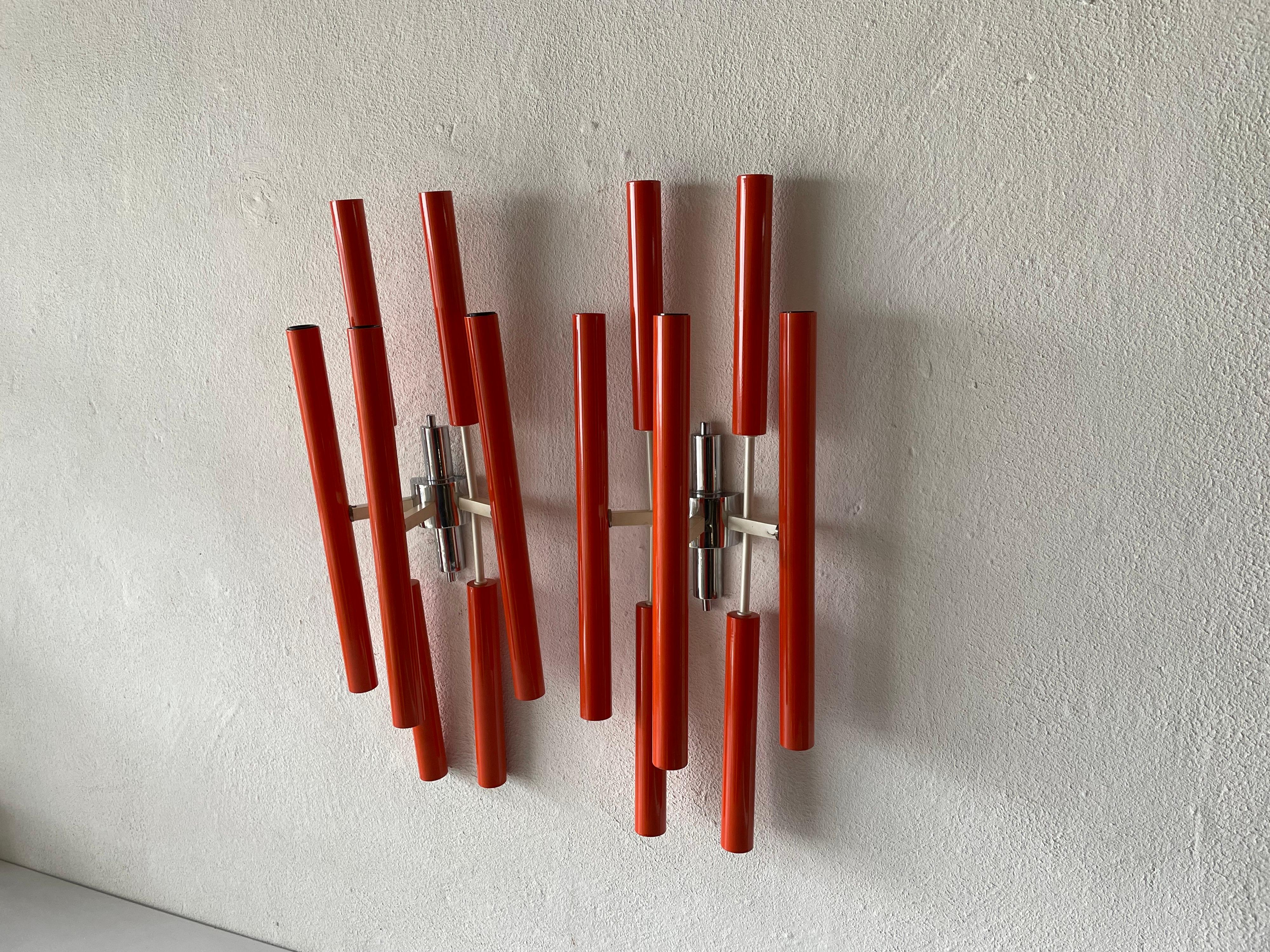 Orange Metal 10 Socket Tubes Exclusive Large Pair of Sconces, 1970s, Italy For Sale 2