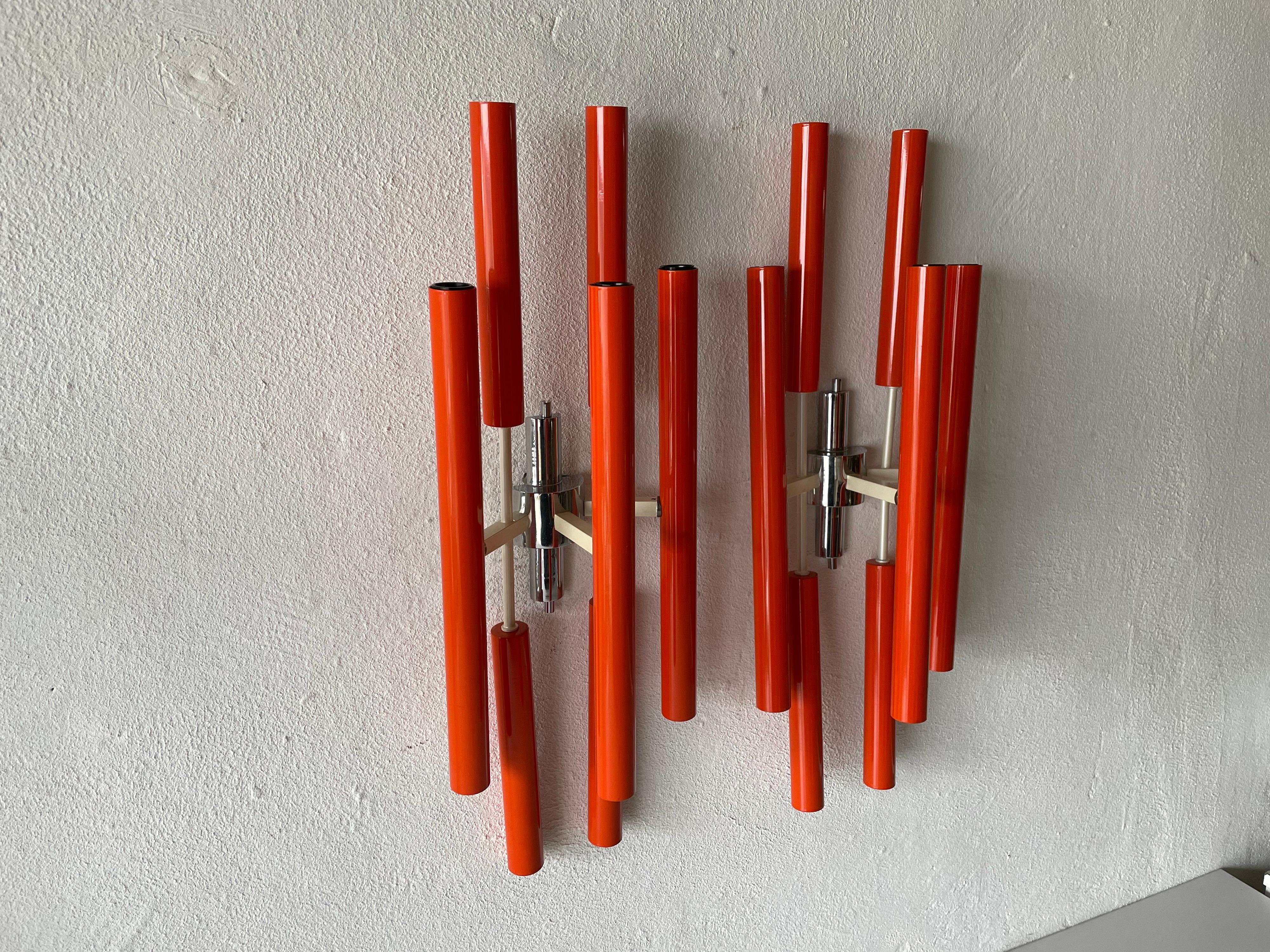 Orange Metal 10 Socket Tubes Exclusive Large Pair of Sconces, 1970s, Italy For Sale 3