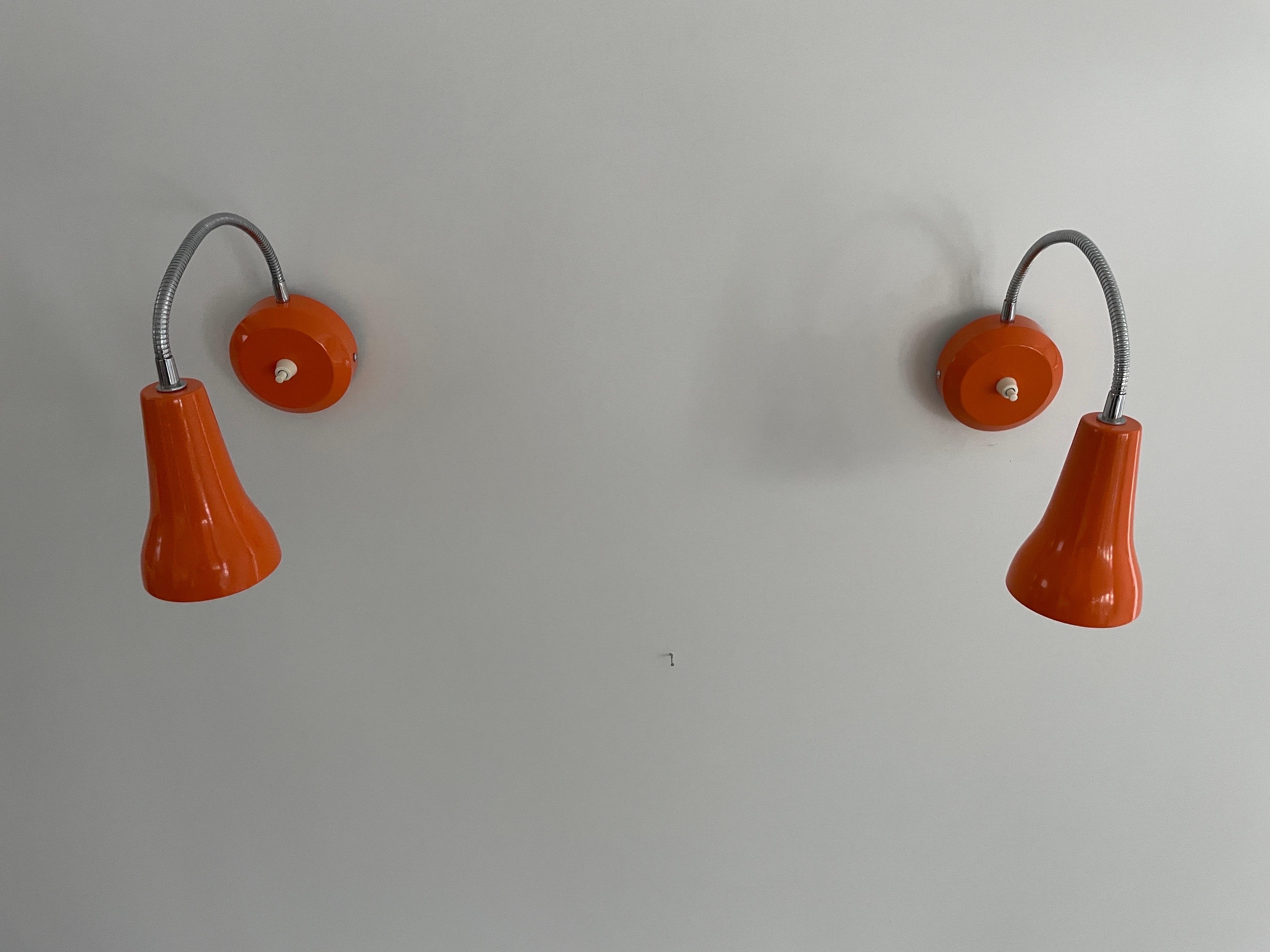 Space Age Orange Metal Pair of Gooseneck Sconces, 1970s, Germany For Sale