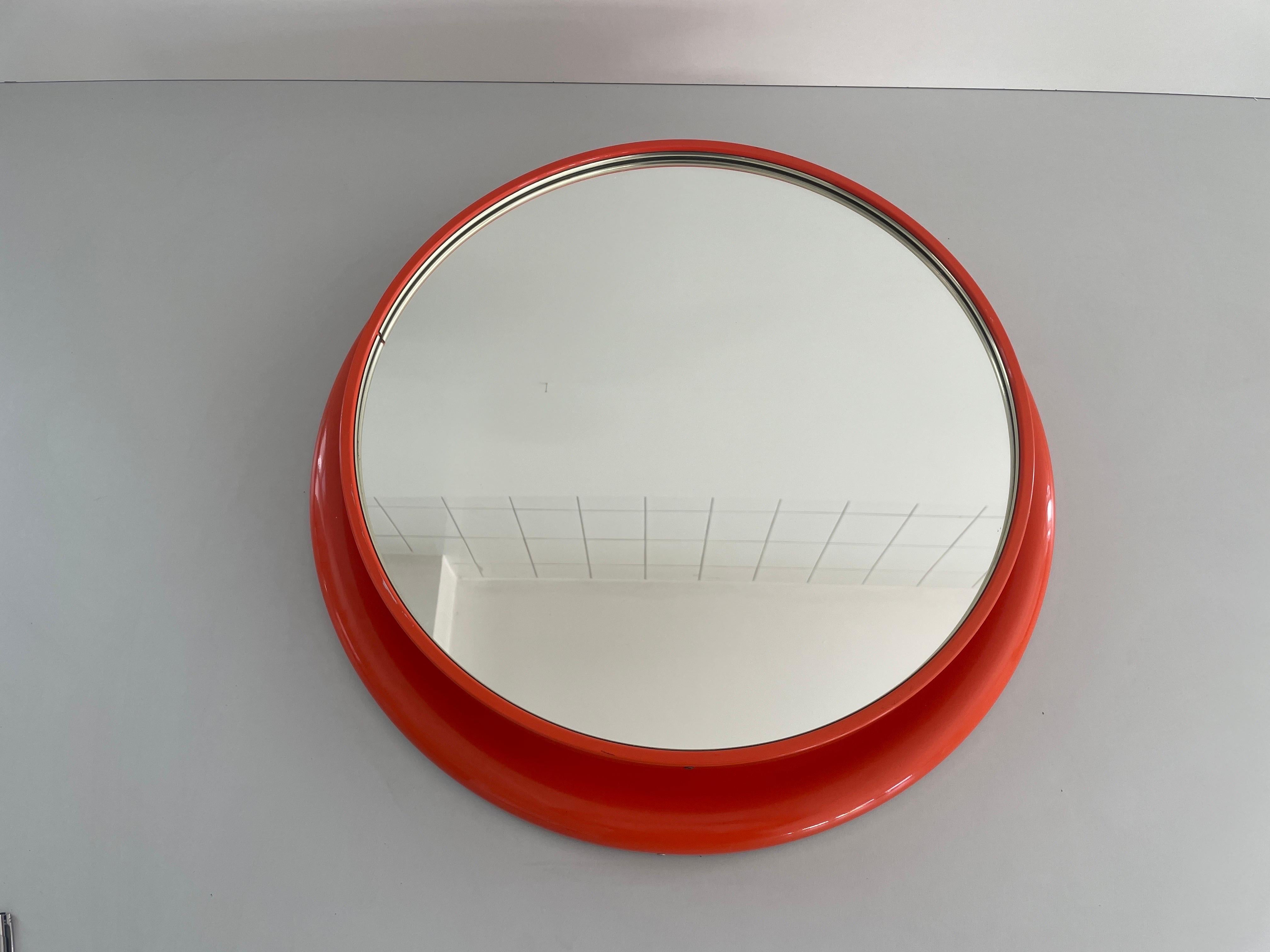 Italian Orange Metal Pop Art Round Wall Mirror, 1970s, Italy For Sale