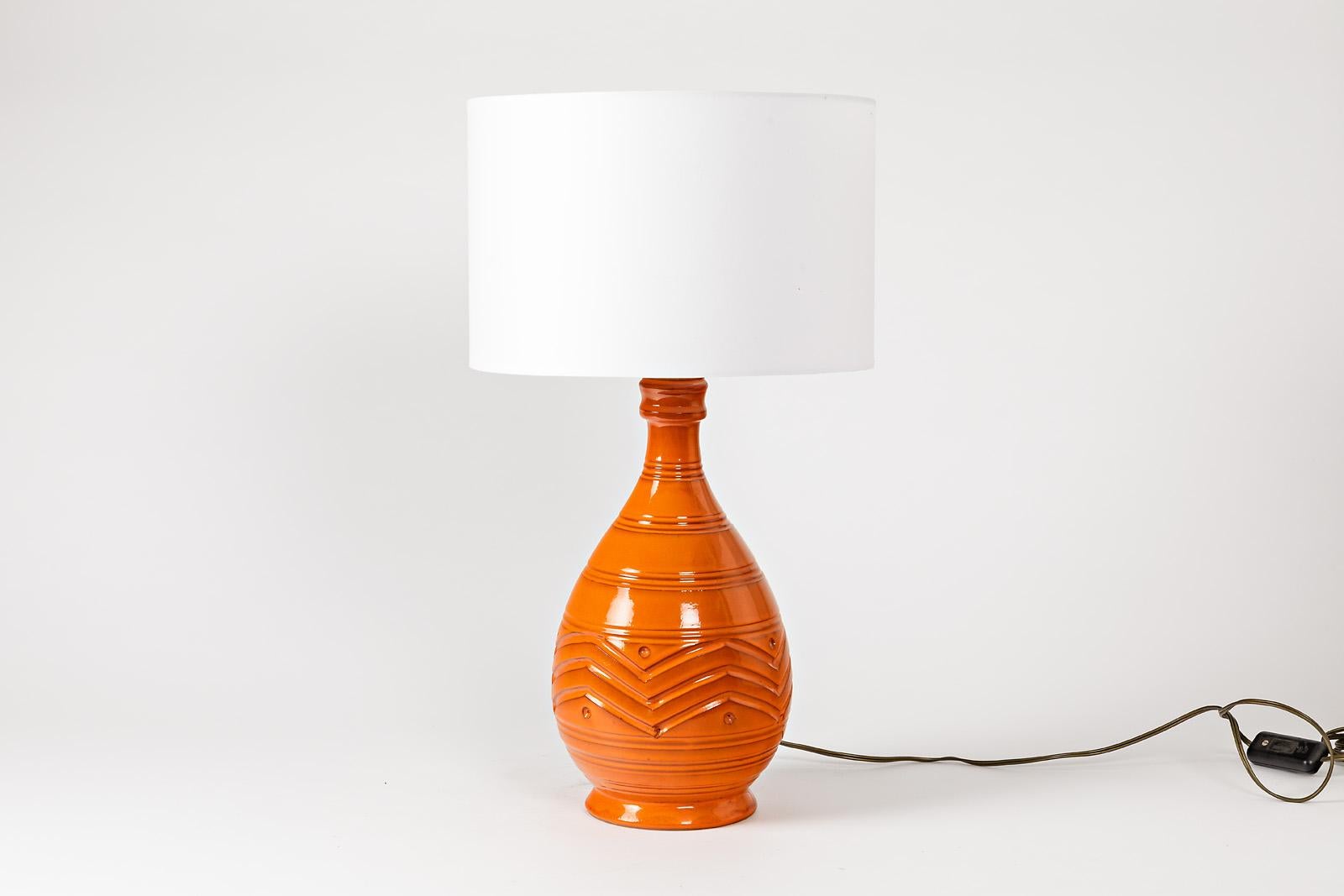 Italian Orange Midcentury Ceramic Table Lamp Shinny Color, circa 1960 