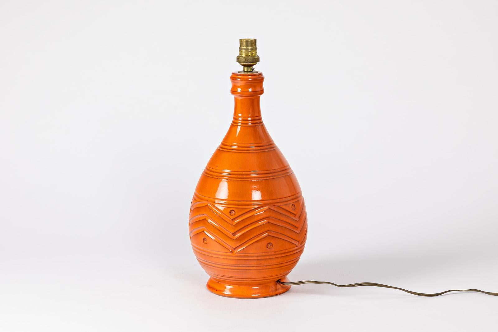 20th Century Orange Midcentury Ceramic Table Lamp Shinny Color, circa 1960