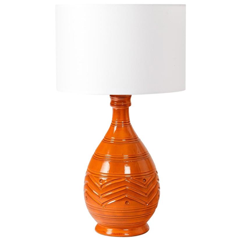 Orange Midcentury Ceramic Table Lamp Shinny Color, circa 1960 