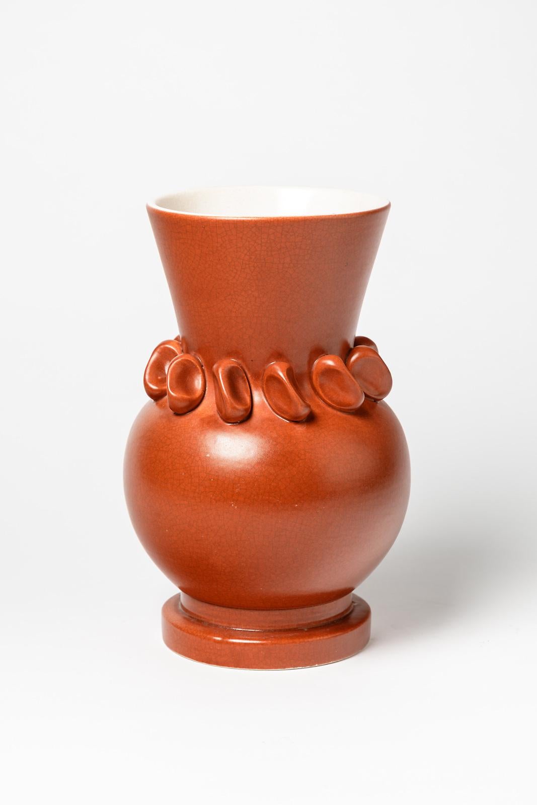 Français Vase en céramique orange du milieu du siècle dernier par Pol Chambost, design français, 1950 en vente