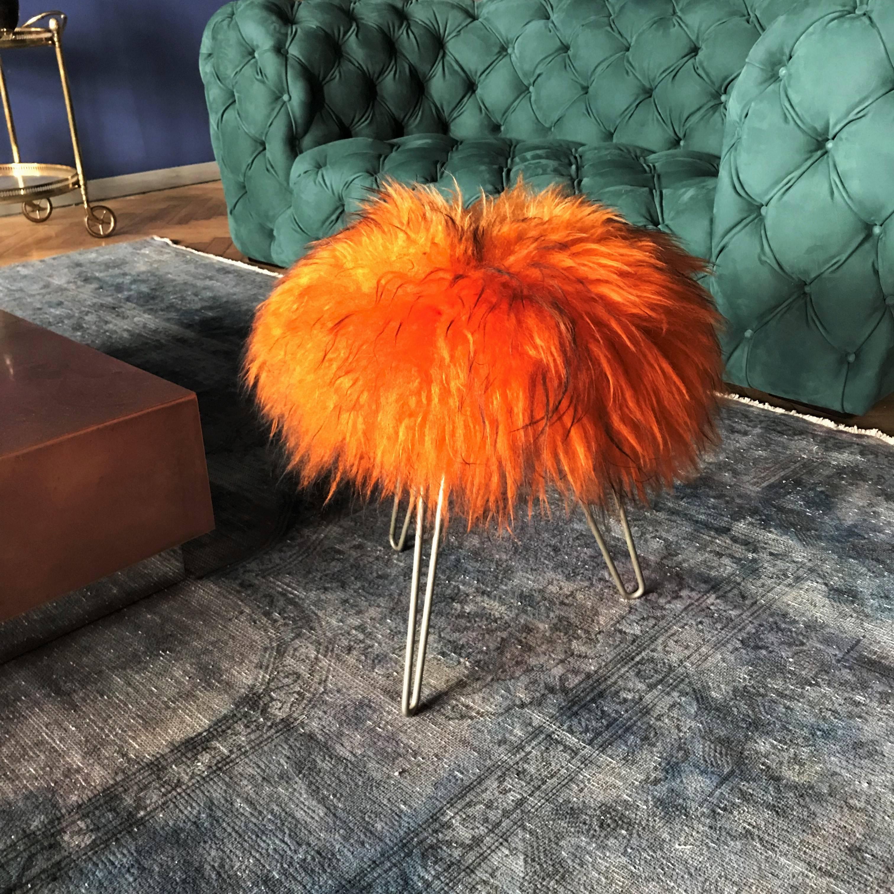 Mid-Century Modern Orange Mid-Century Hairpin Legs Lambswool Fur Stool, 1950s, France
