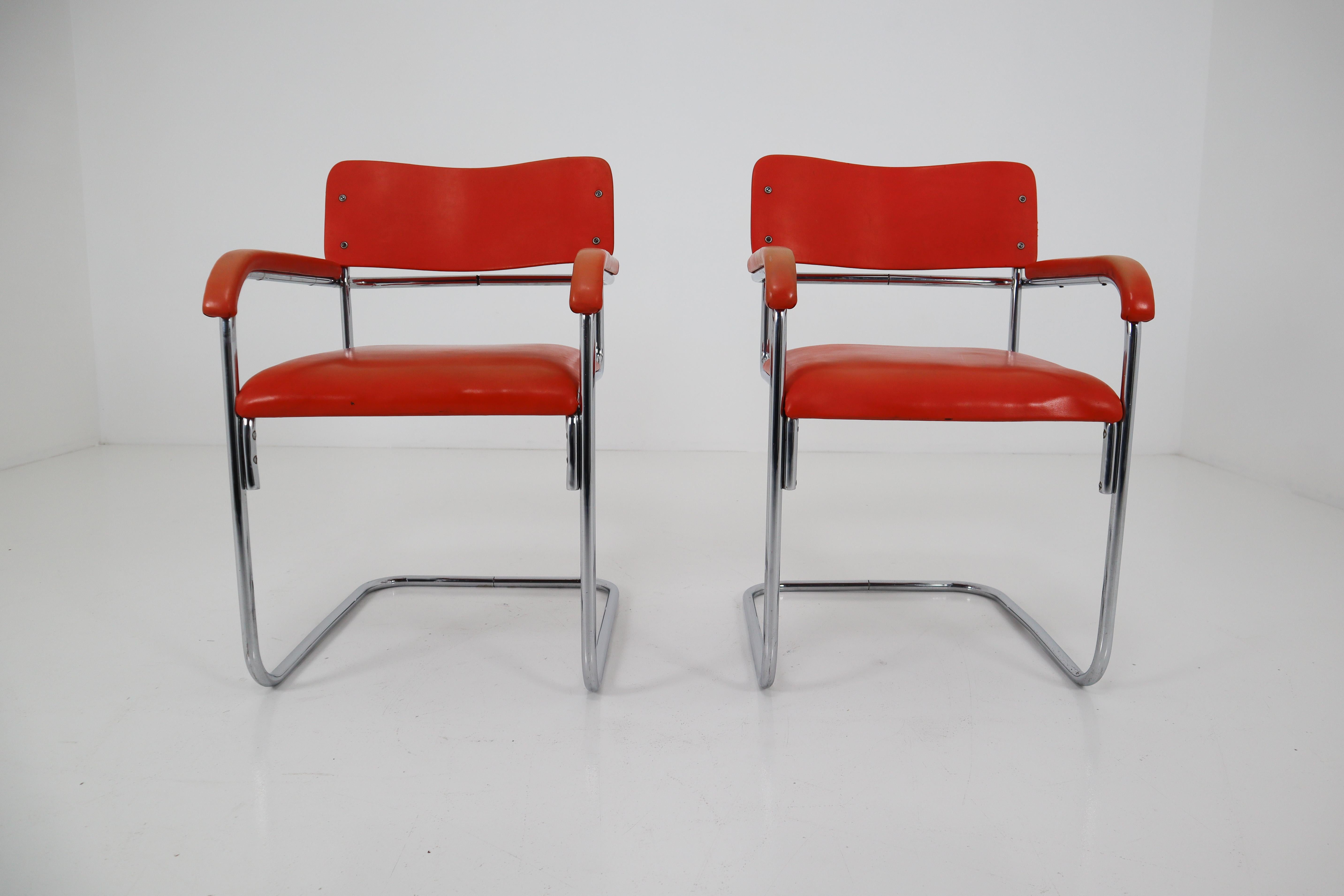 German Orange Mid-Century Modern Bauhaus Chrome Armchairs by Thonet, circa 1930s
