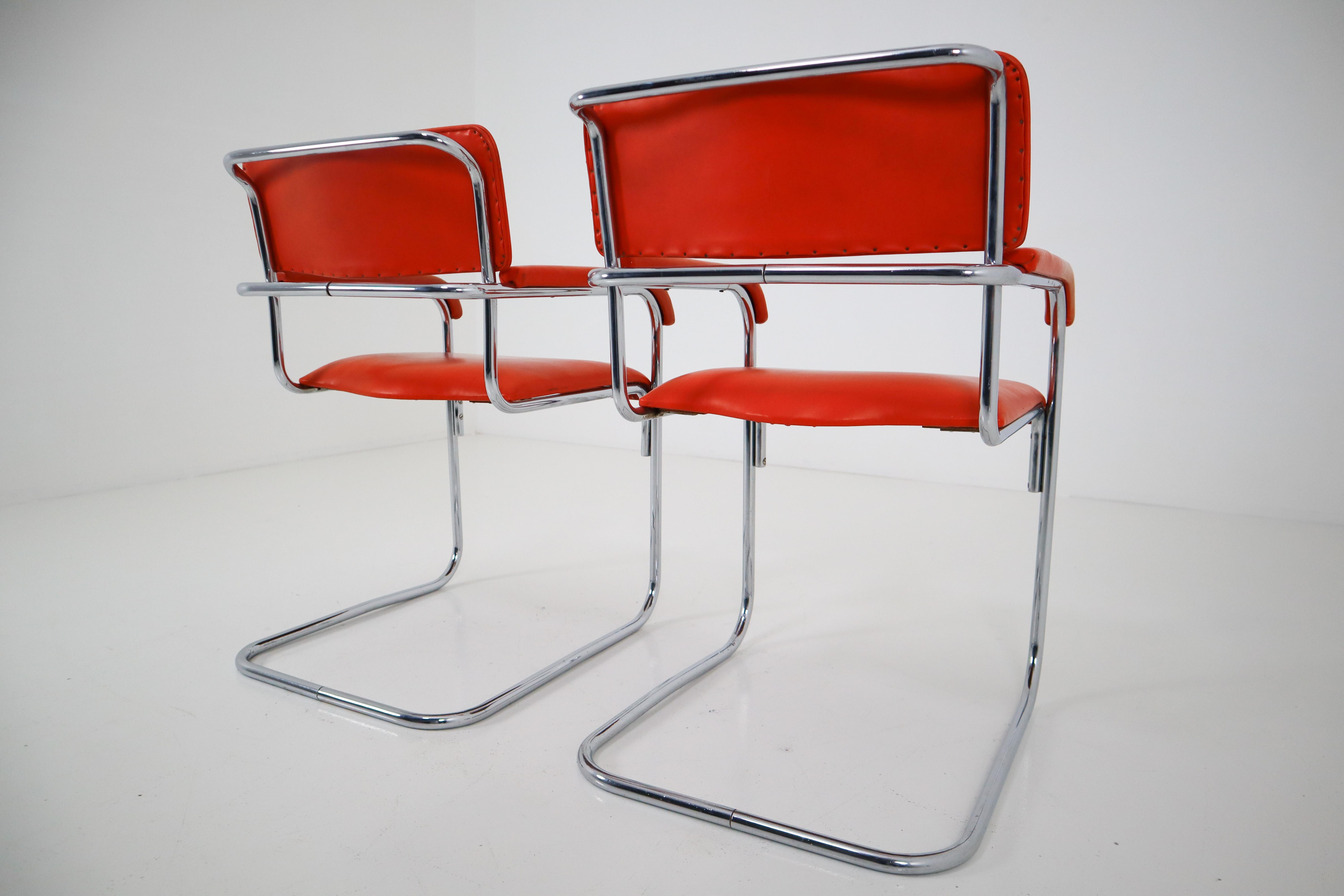 Orange Mid-Century Modern Bauhaus Chrome Armchairs by Thonet, circa 1930s 1
