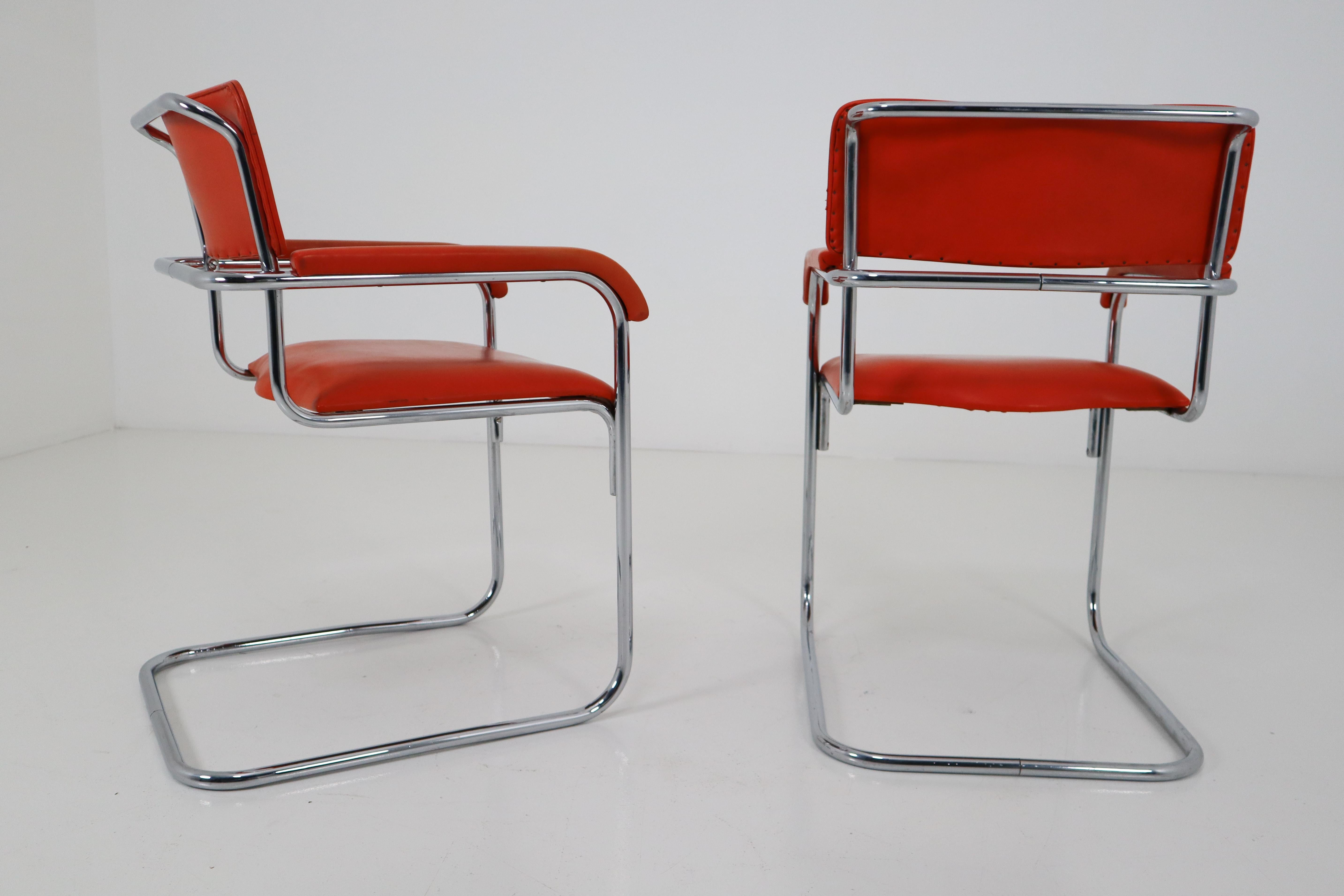 Orange Mid-Century Modern Bauhaus Chrome Armchairs by Thonet, circa 1930s 2