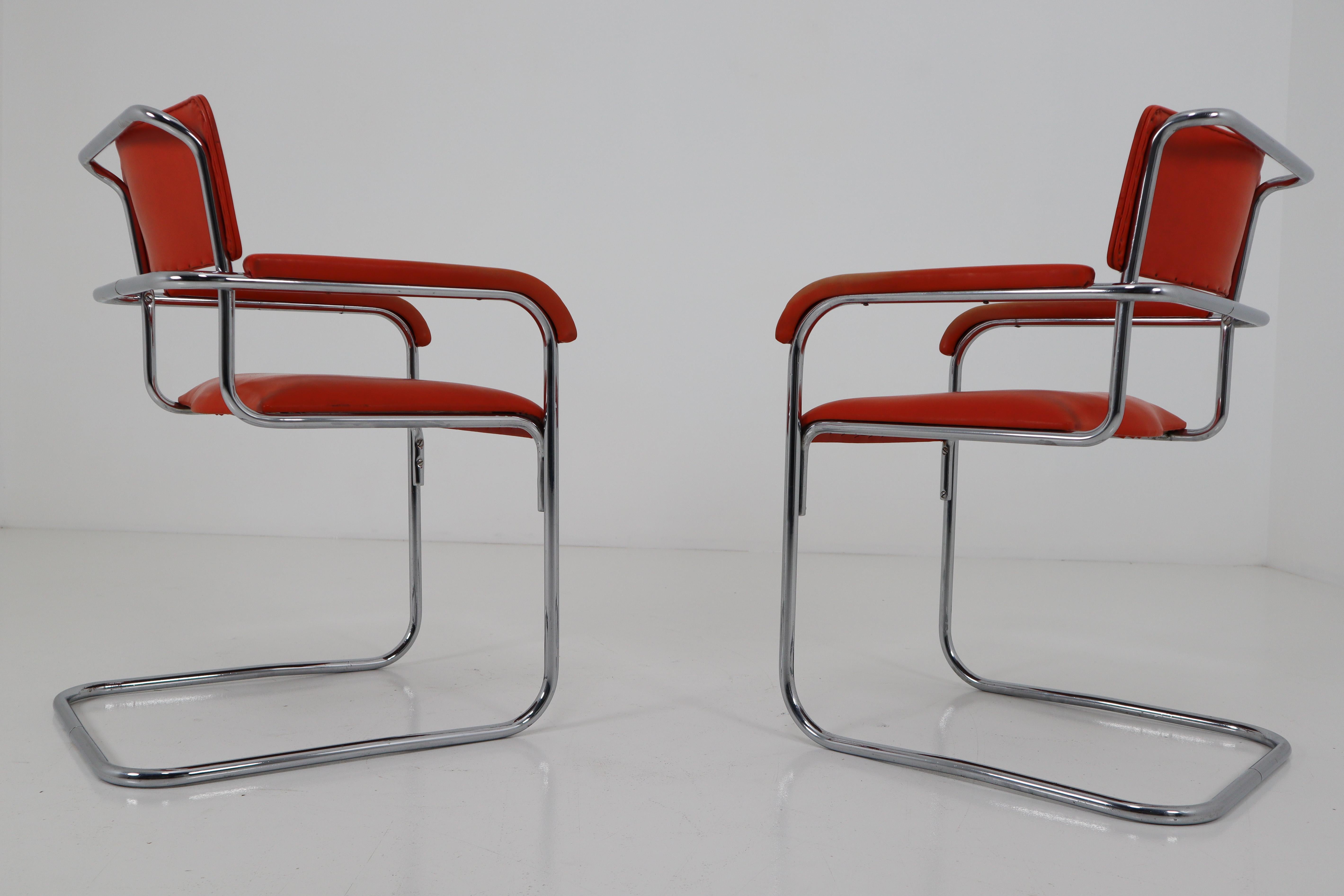 Orange Mid-Century Modern Bauhaus Chrome Armchairs by Thonet, circa 1930s 3