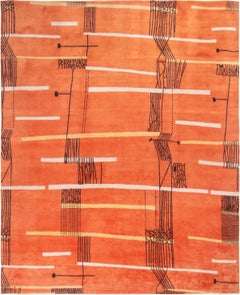 Orange Mid-Century Modern Style Wool and Silk Rug