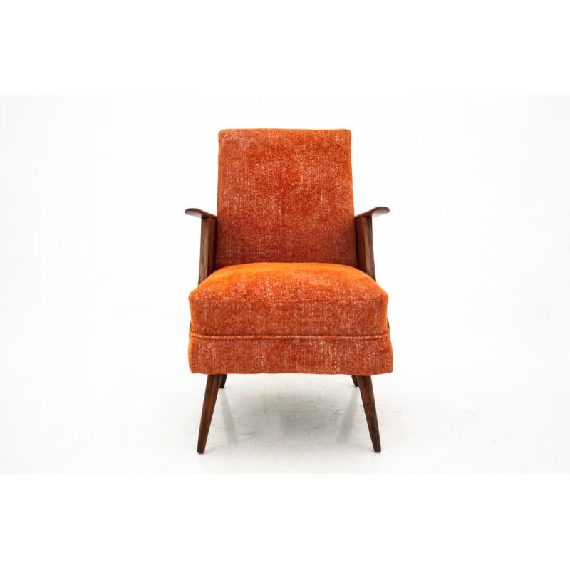 Mid-Century Modern armchair from Poland, from circa 1950s.
Unique form, after wood renovation and reupholstered in orange material.
Comfortable and stabile. 
 
  