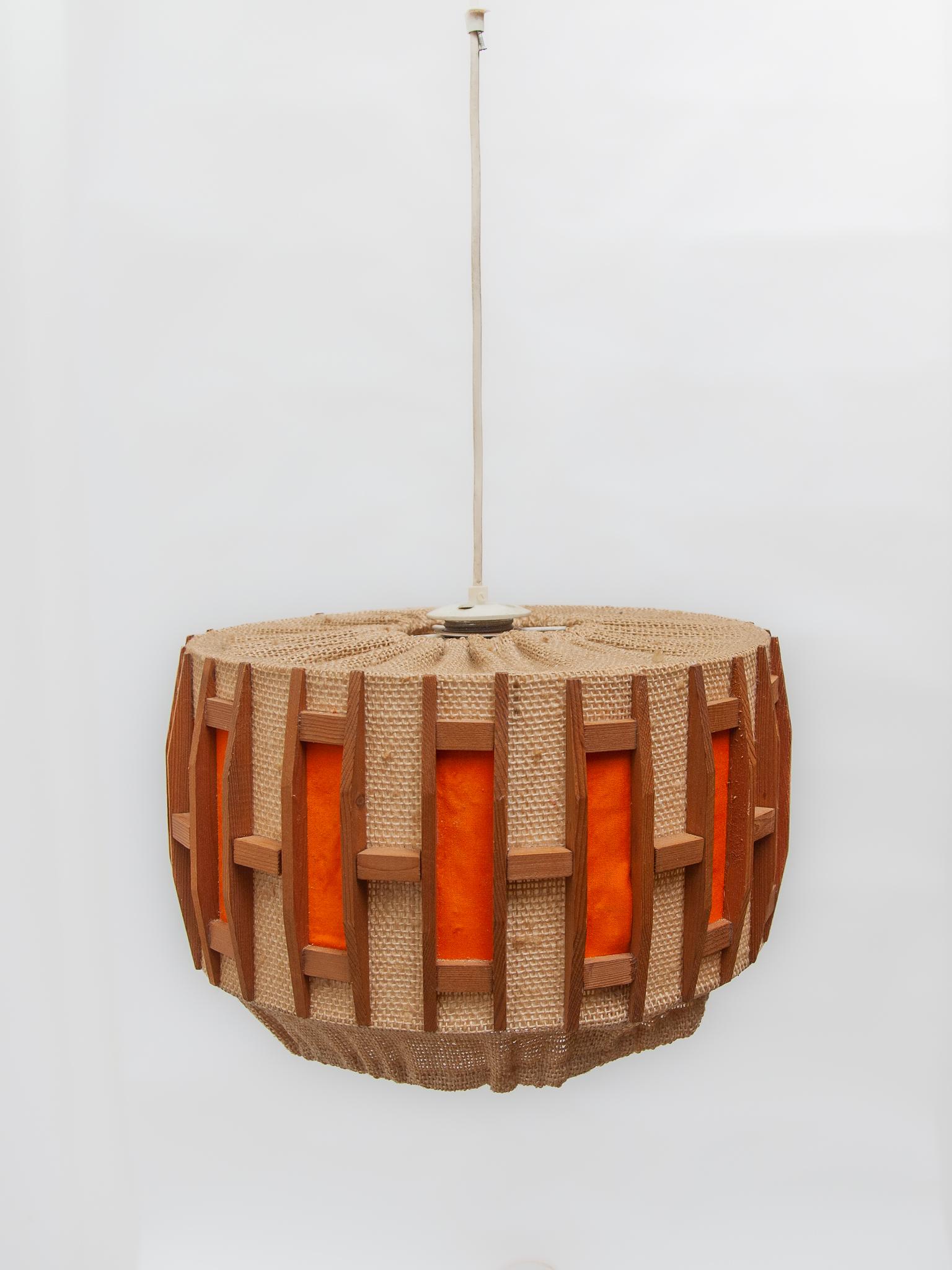 Belgian Orange Midcentury Belgium Design in Teak and Jute Pendant Lamp, 1960s
