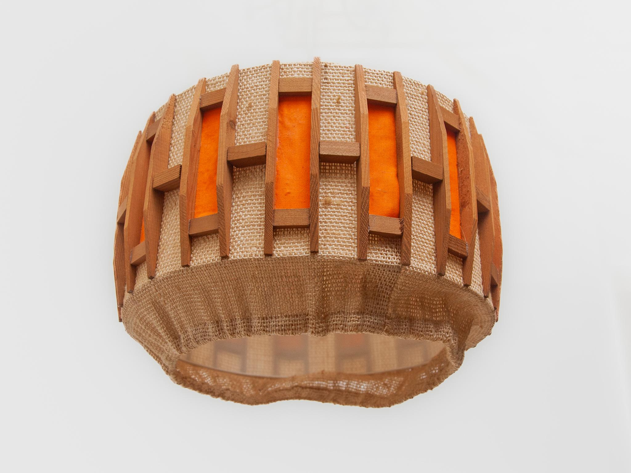 Orange Midcentury Belgium Design in Teak and Jute Pendant Lamp, 1960s For Sale 2