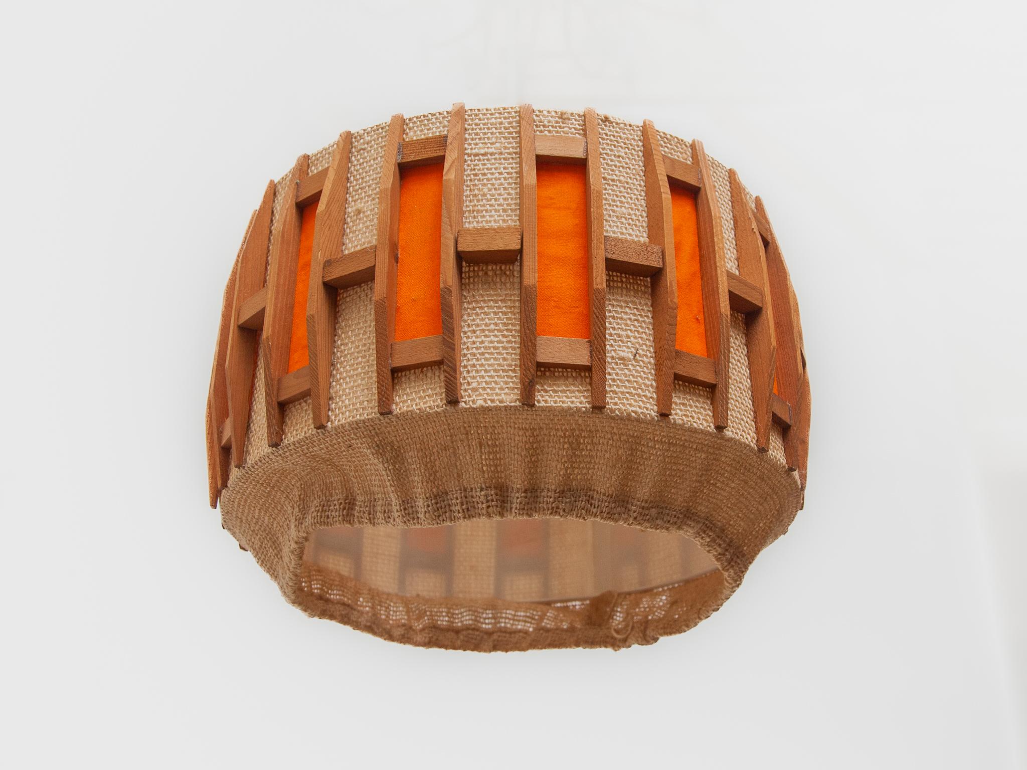 Orange Midcentury Belgium Design in Teak and Jute Pendant Lamp, 1960s 3