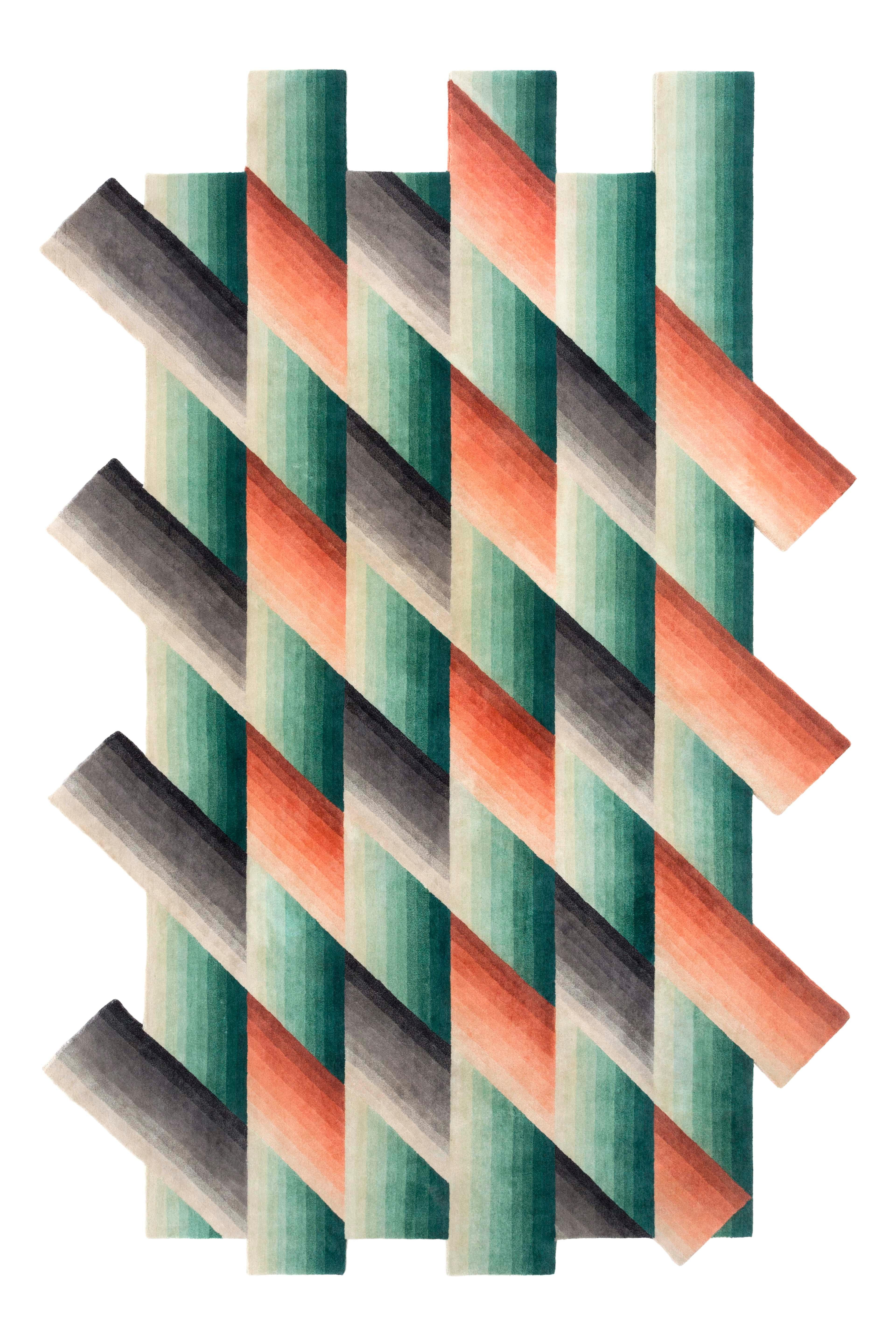 Orange Mirage Rug by Gandia Blasco
Design by Patricia Urquiola
Dimensions: W 200 x H 310 cm. 
Materials: Fiber composition: 100% wool. 
Weight: 18,4 kg

Passion for life outdoors, a dream come true on the edge of a cliff in the north of Ibiza. The