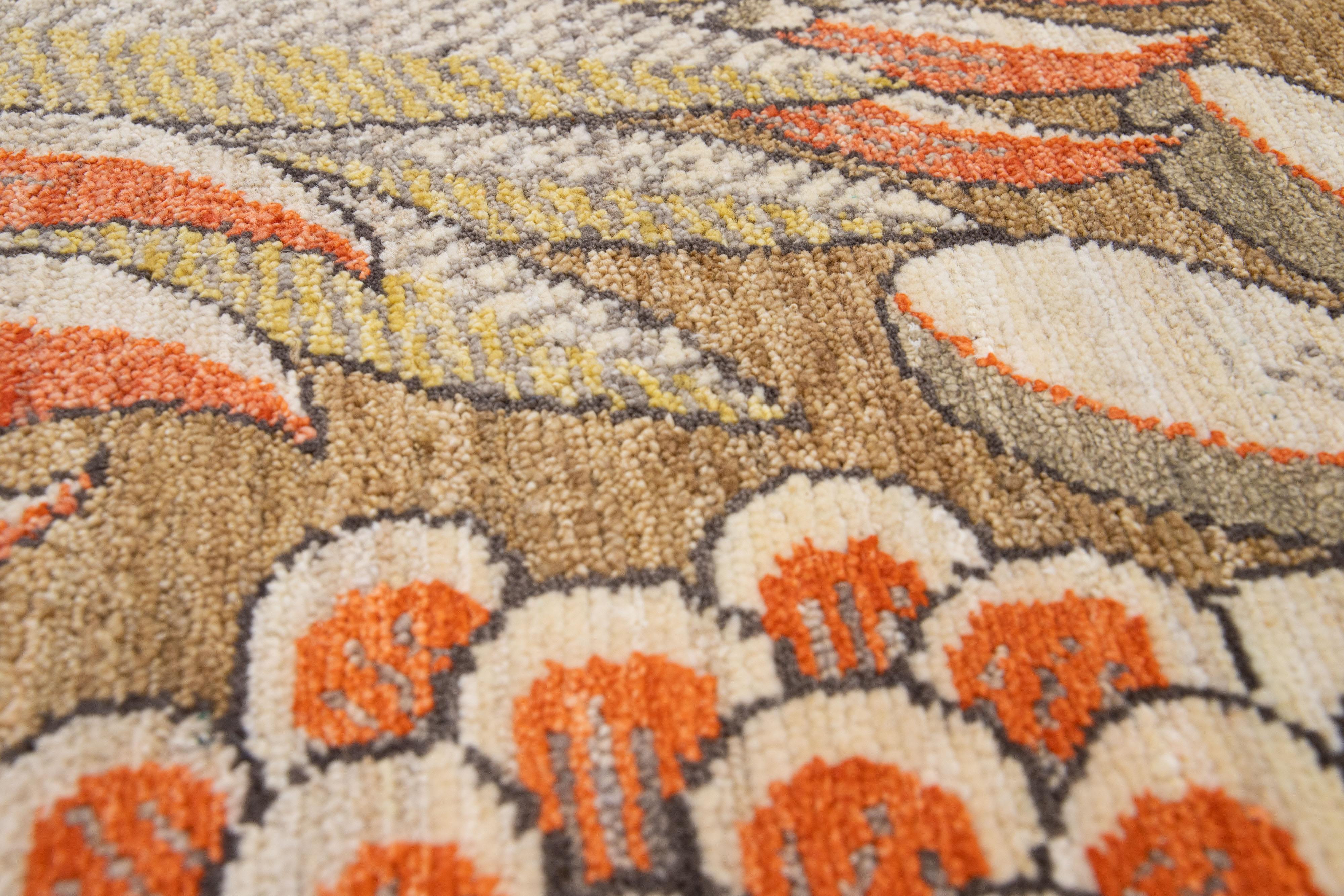 Orange Modern Handmade Floral Custom Wool and Silk Rug (Handgeknüpft) im Angebot