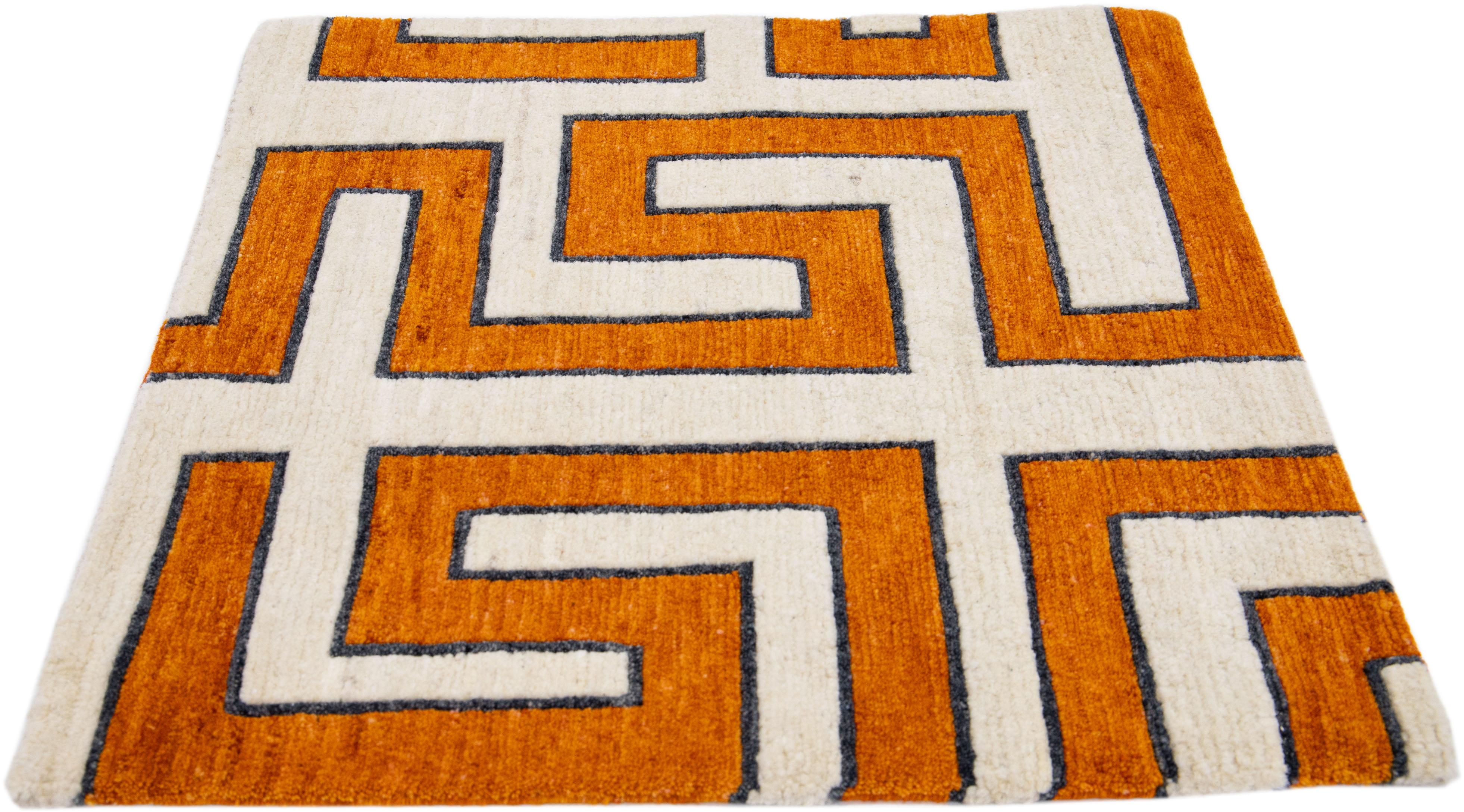 Nepalese Orange Modern Handmade Geometric Custom Wool Rug For Sale