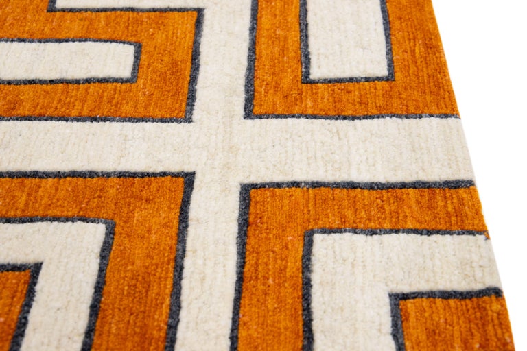 Orange Modern Handmade Geometric Custom Wool Rug For Sale at 1stDibs