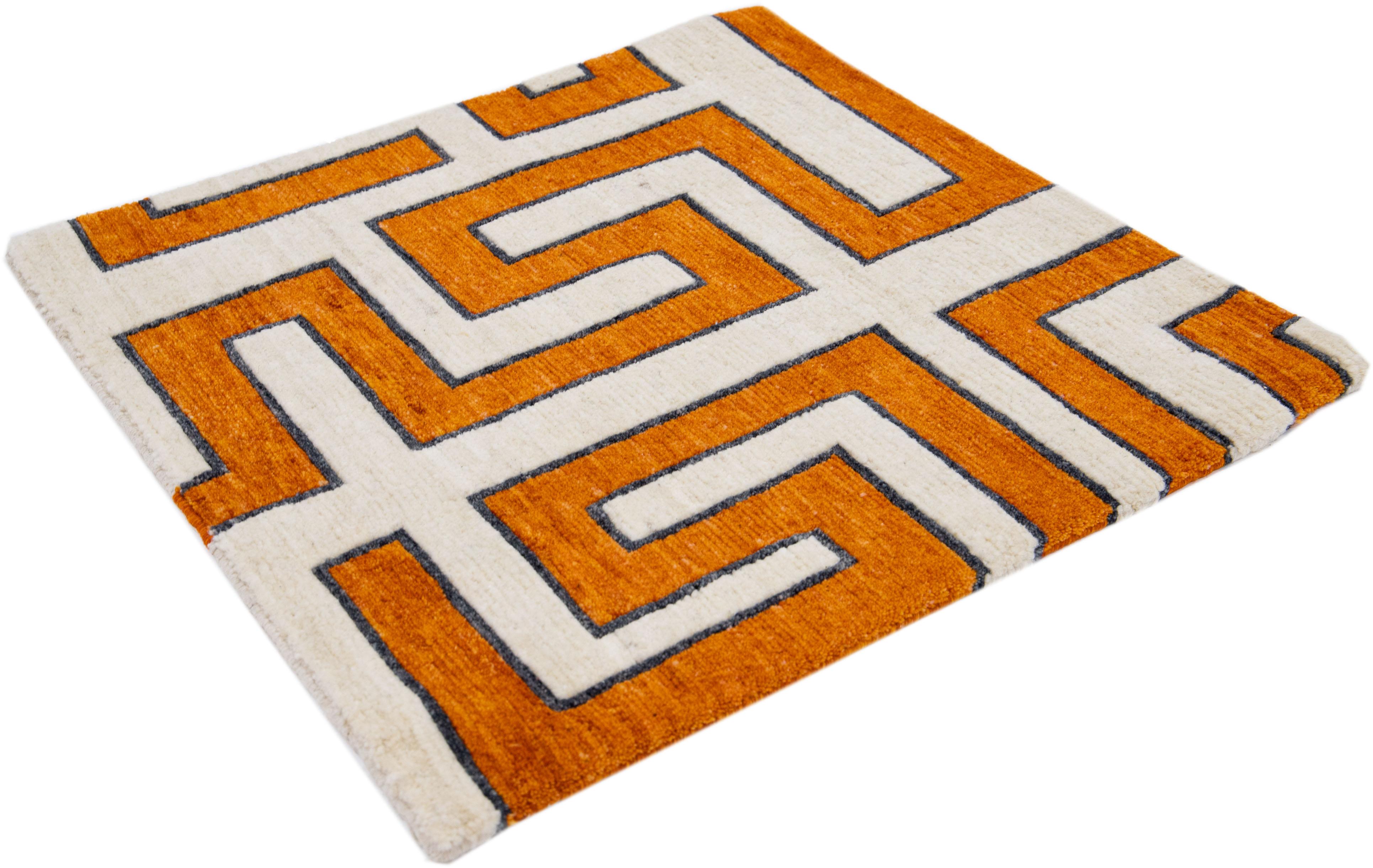 Orange Modern Handmade Geometric Custom Wool Rug In New Condition For Sale In Norwalk, CT