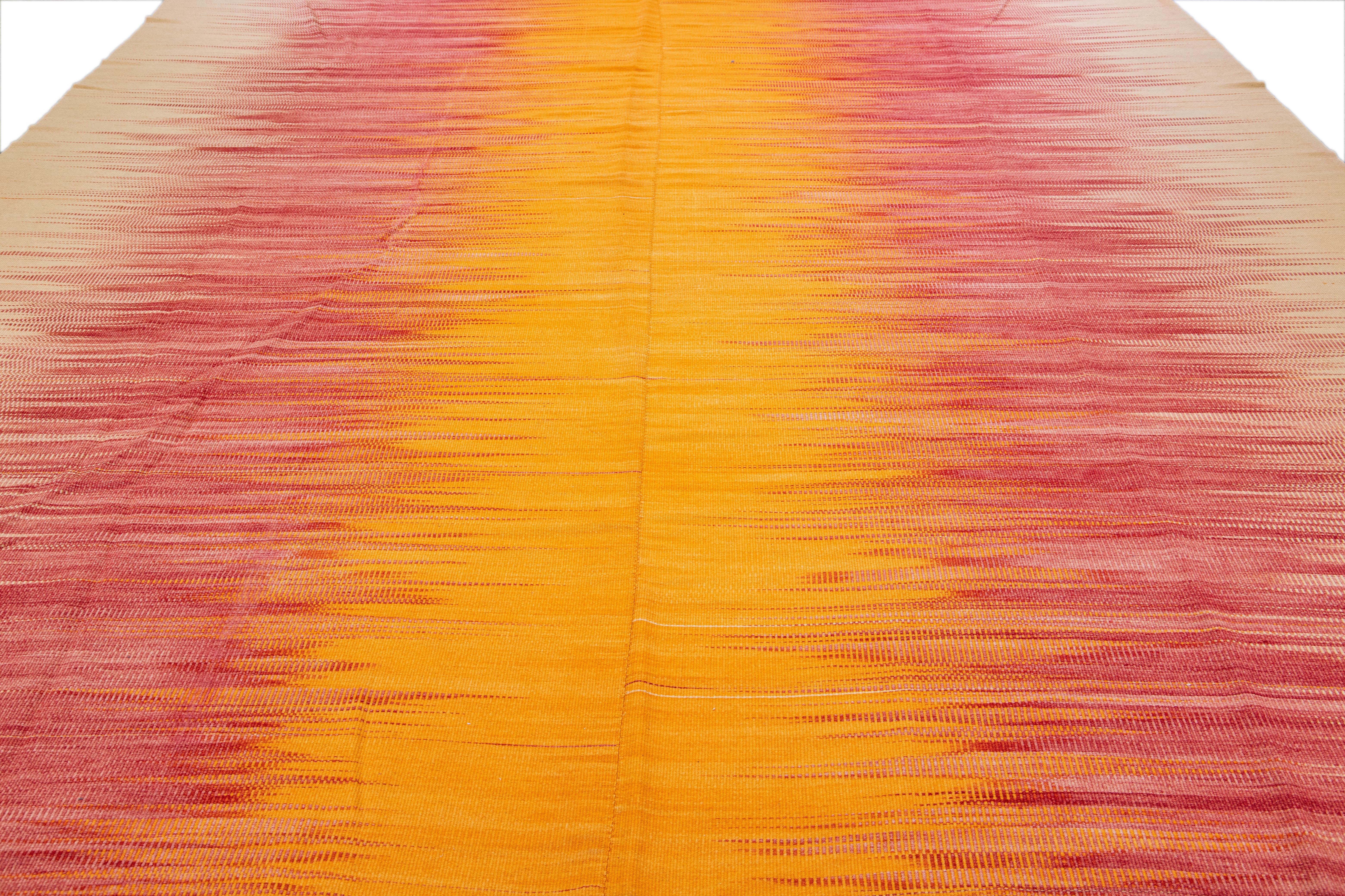 Turkish Orange Modern Kilim Flatweave Abstract Handmade Oversize Wool Rug For Sale