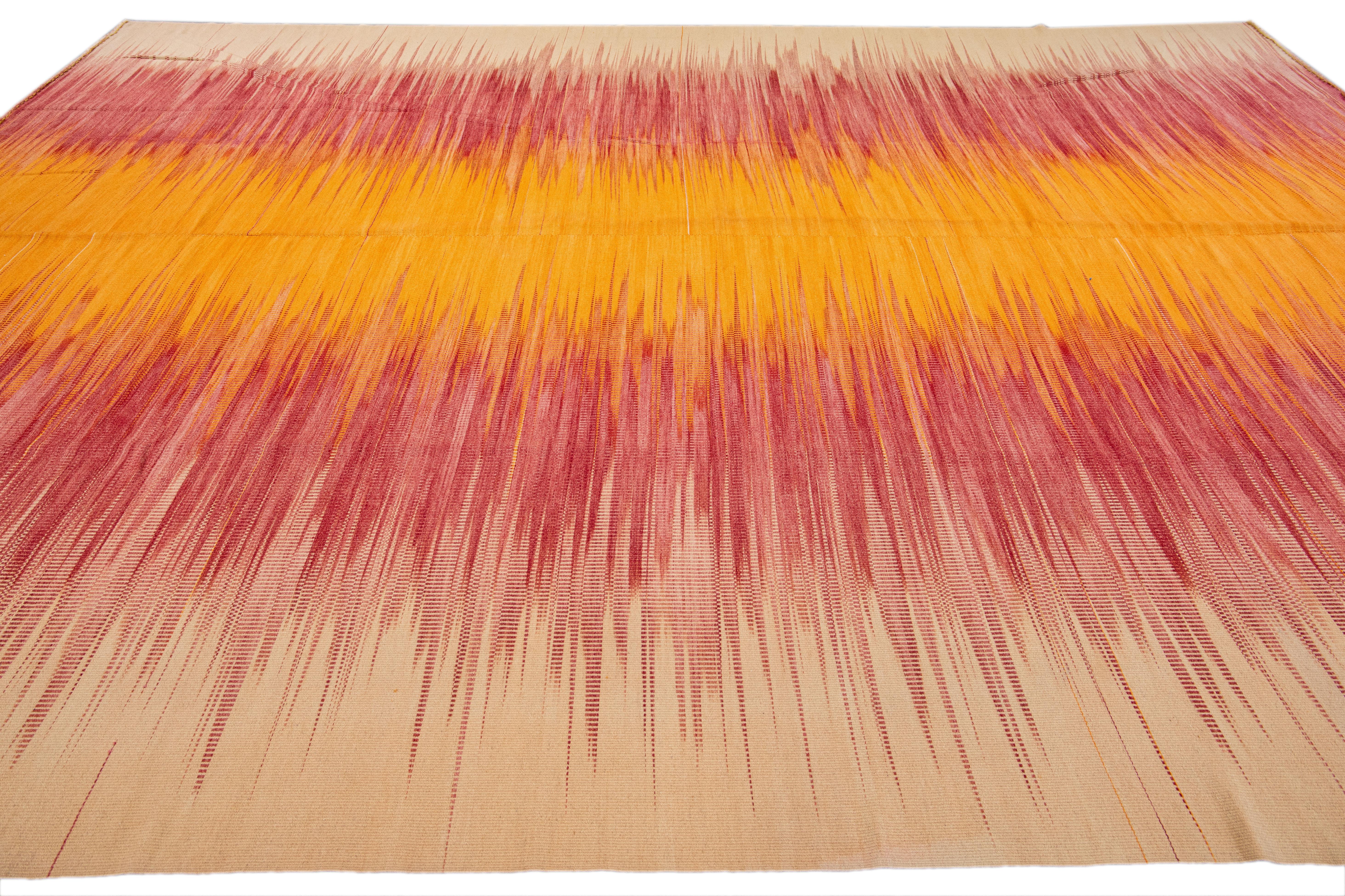 Orange Modern Kilim Flatweave Abstract Handmade Oversize Wool Rug In New Condition For Sale In Norwalk, CT