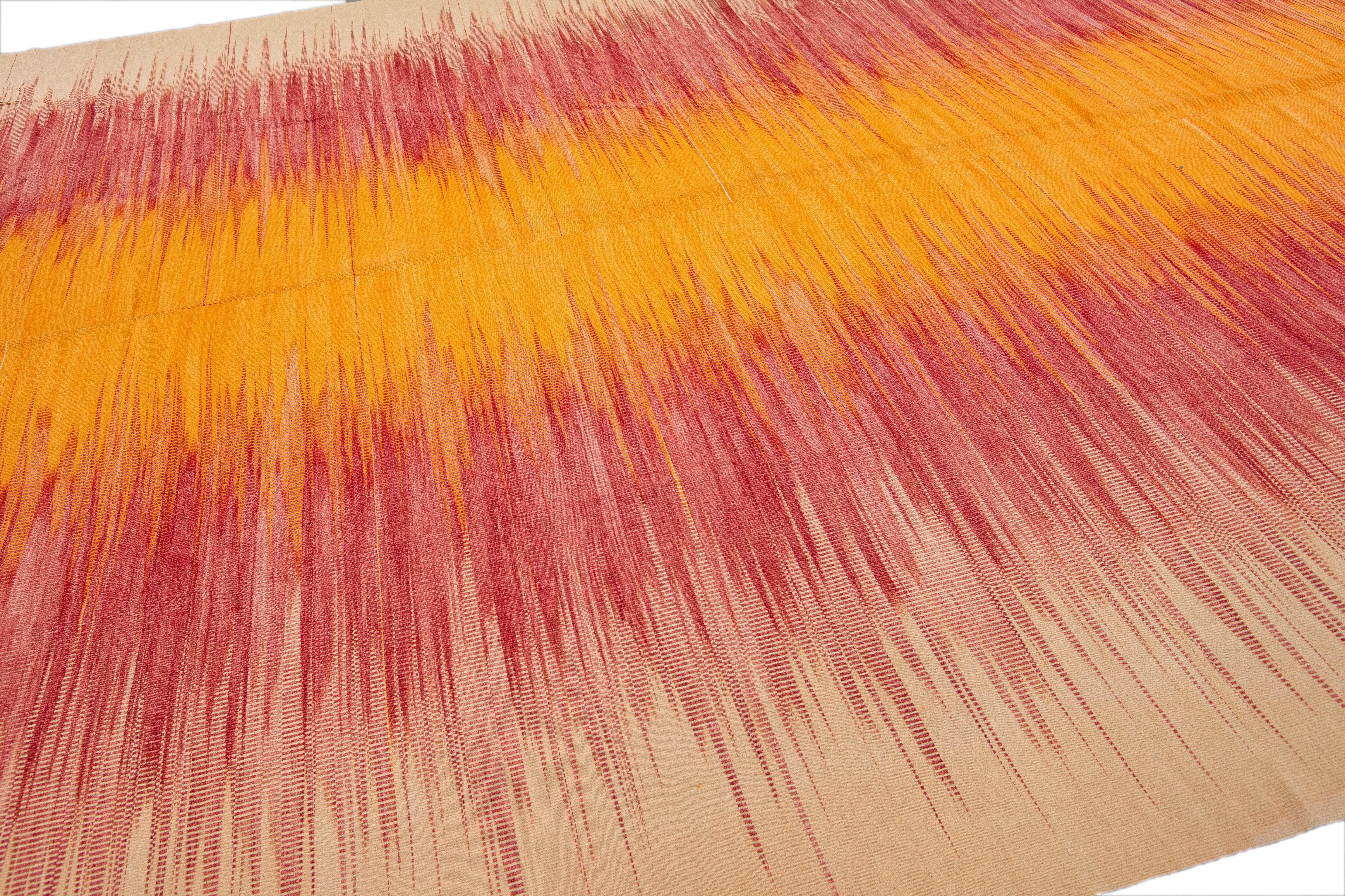 Orange Modern Kilim Flatweave Abstract Handmade Oversize Wool Rug For Sale 2