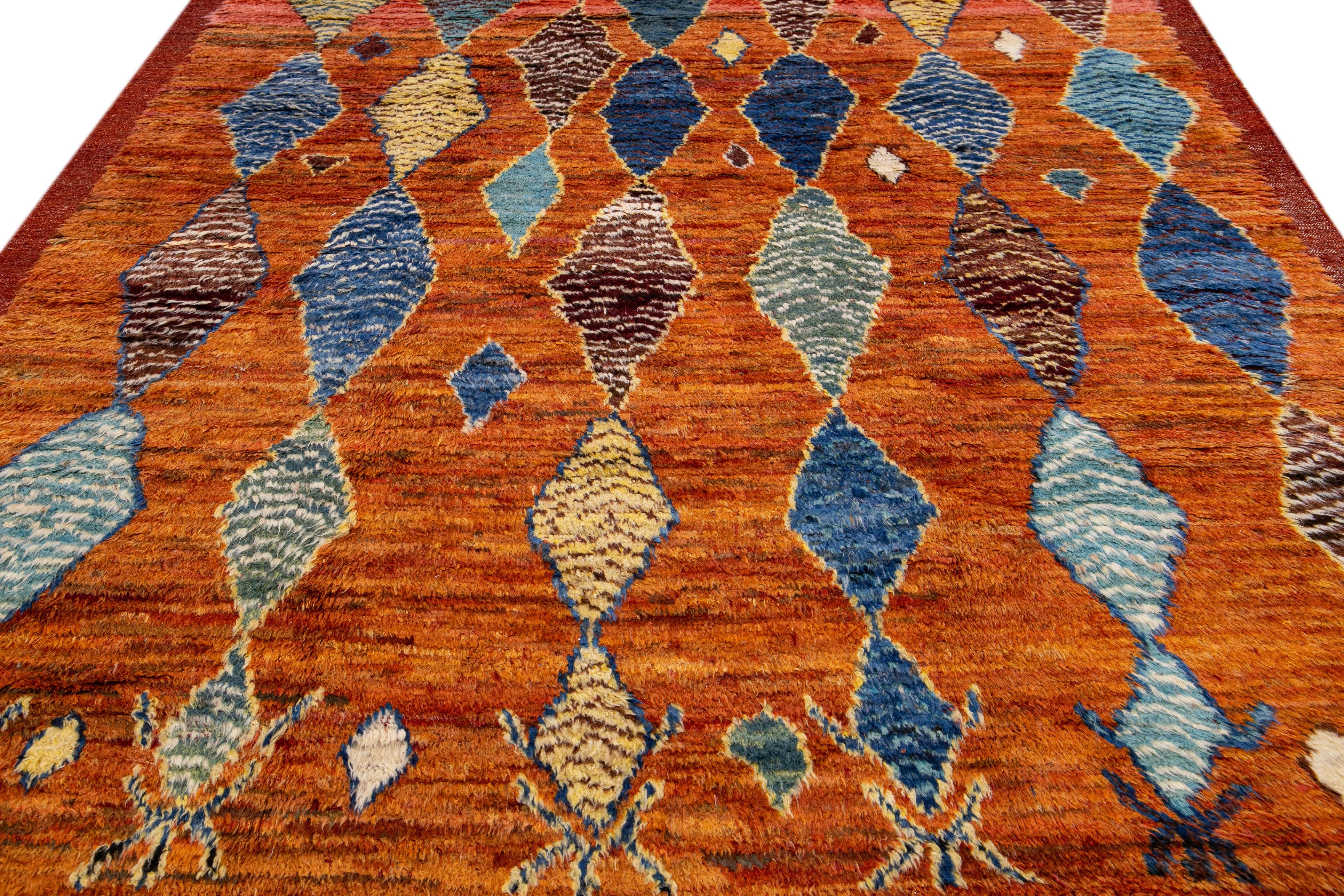 Bohemian Orange Modern Moroccan Style Handmade Multicolor Tribal Wool Rug For Sale