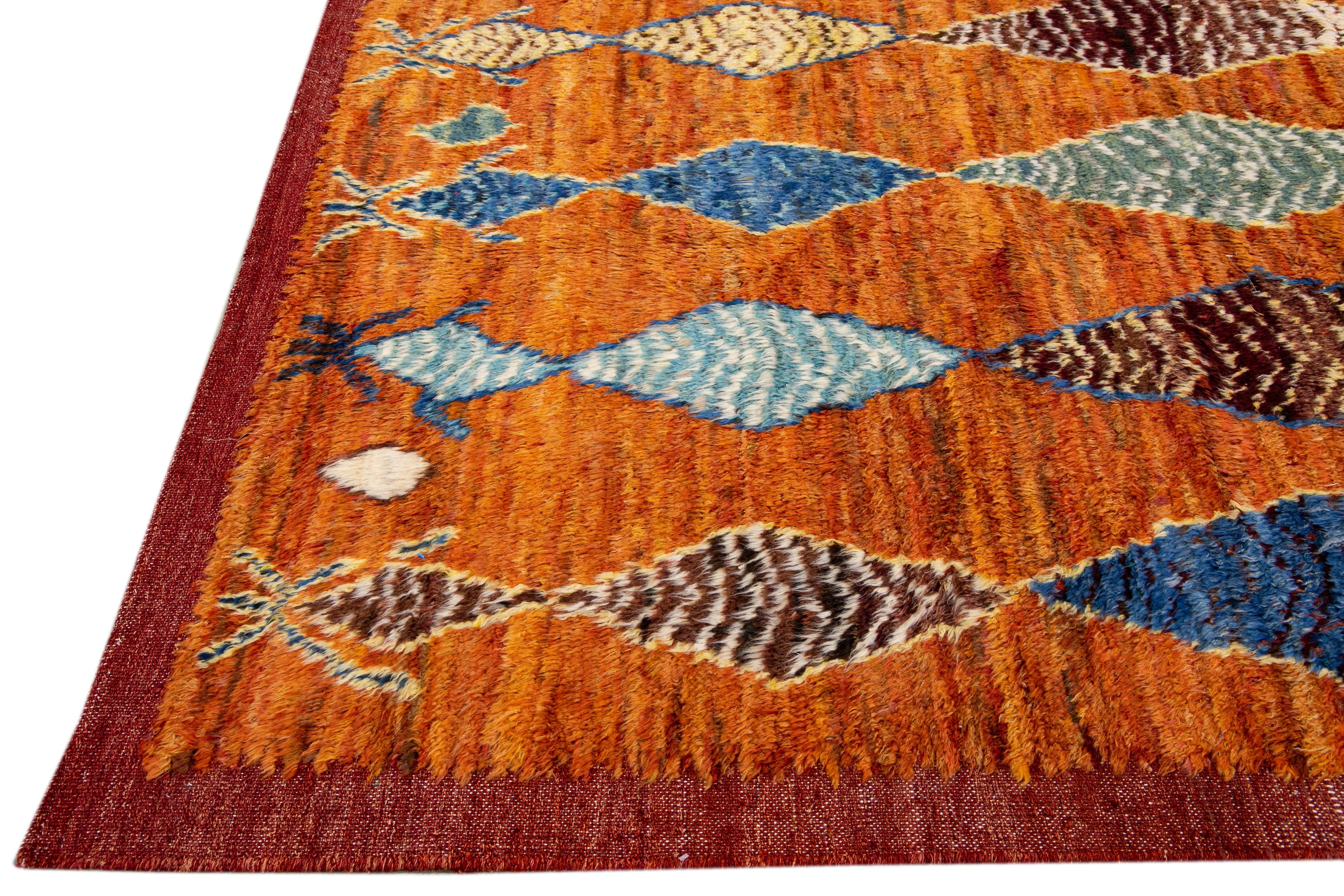 Indian Orange Modern Moroccan Style Handmade Multicolor Tribal Wool Rug For Sale