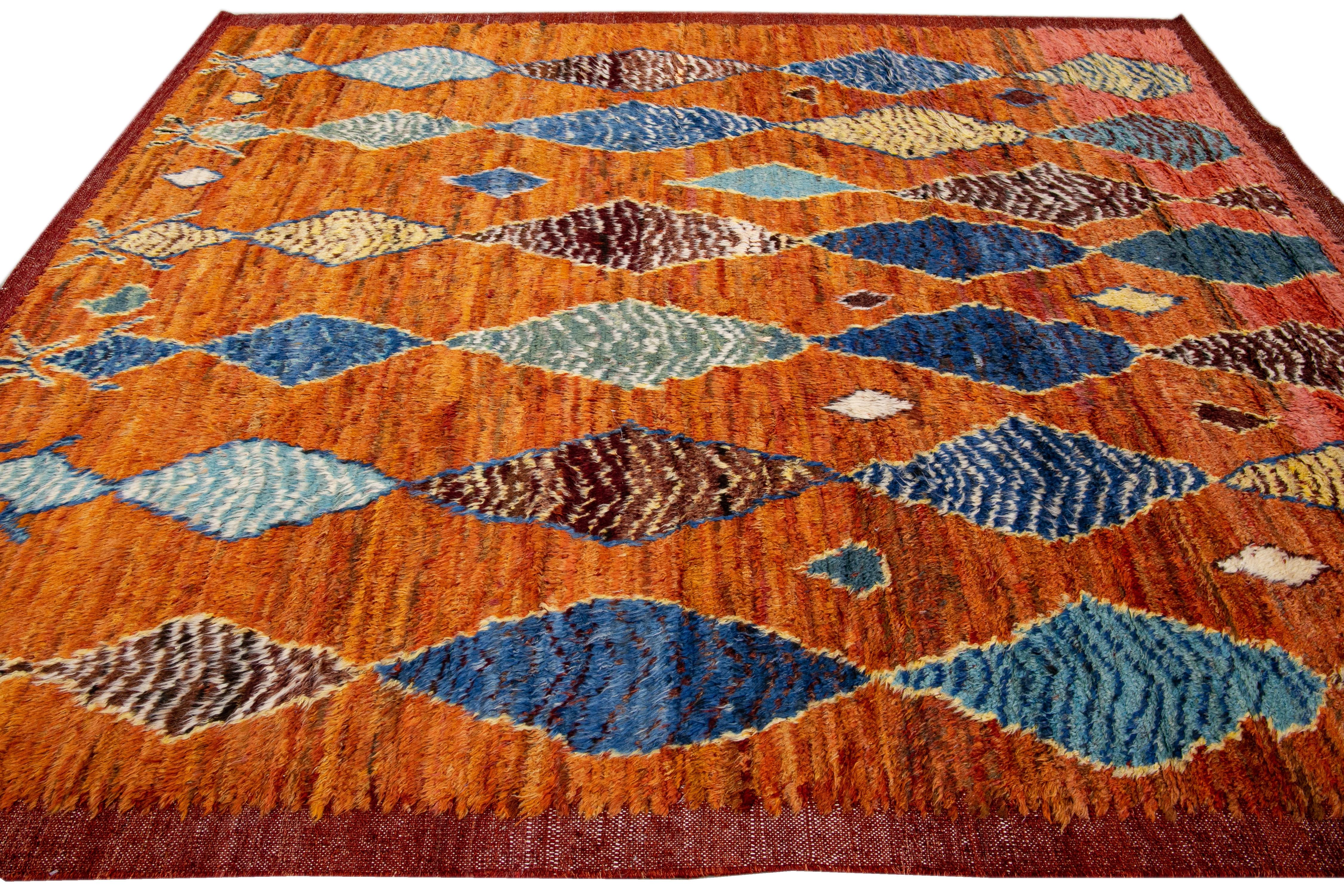 Hand-Knotted Orange Modern Moroccan Style Handmade Multicolor Tribal Wool Rug For Sale