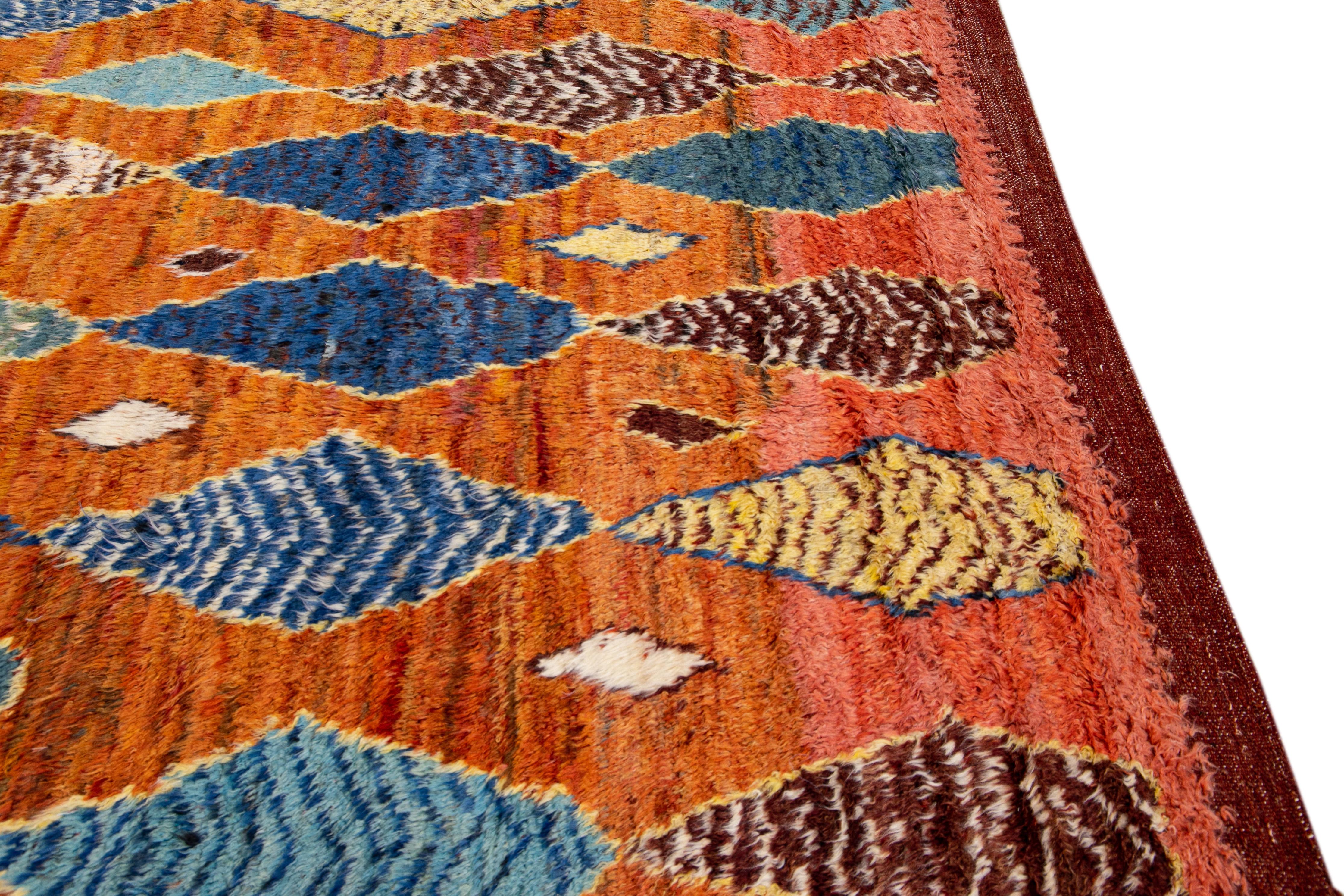 Orange Modern Moroccan Style Handmade Multicolor Tribal Wool Rug For Sale 1