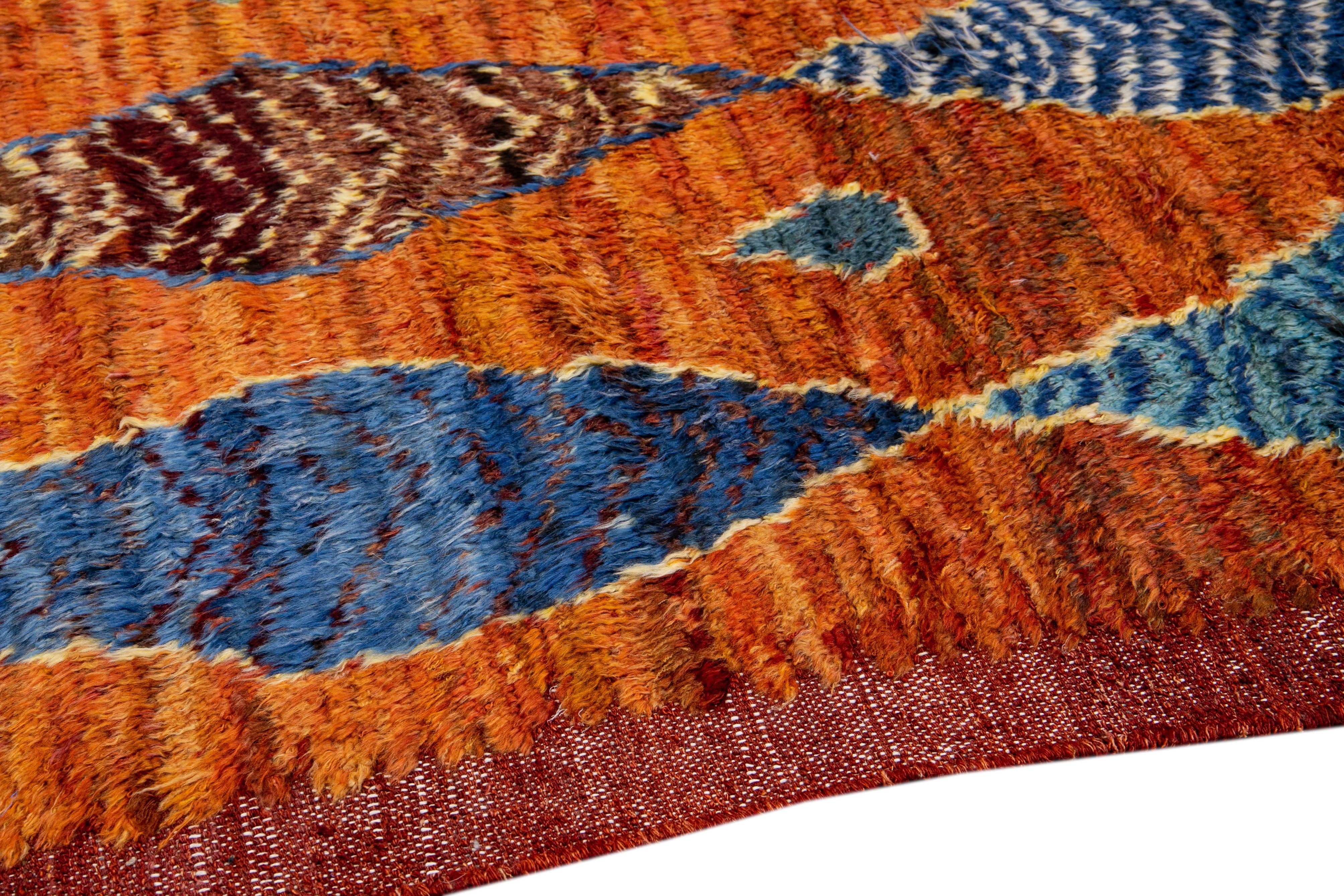 Orange Modern Moroccan Style Handmade Multicolor Tribal Wool Rug For Sale 2