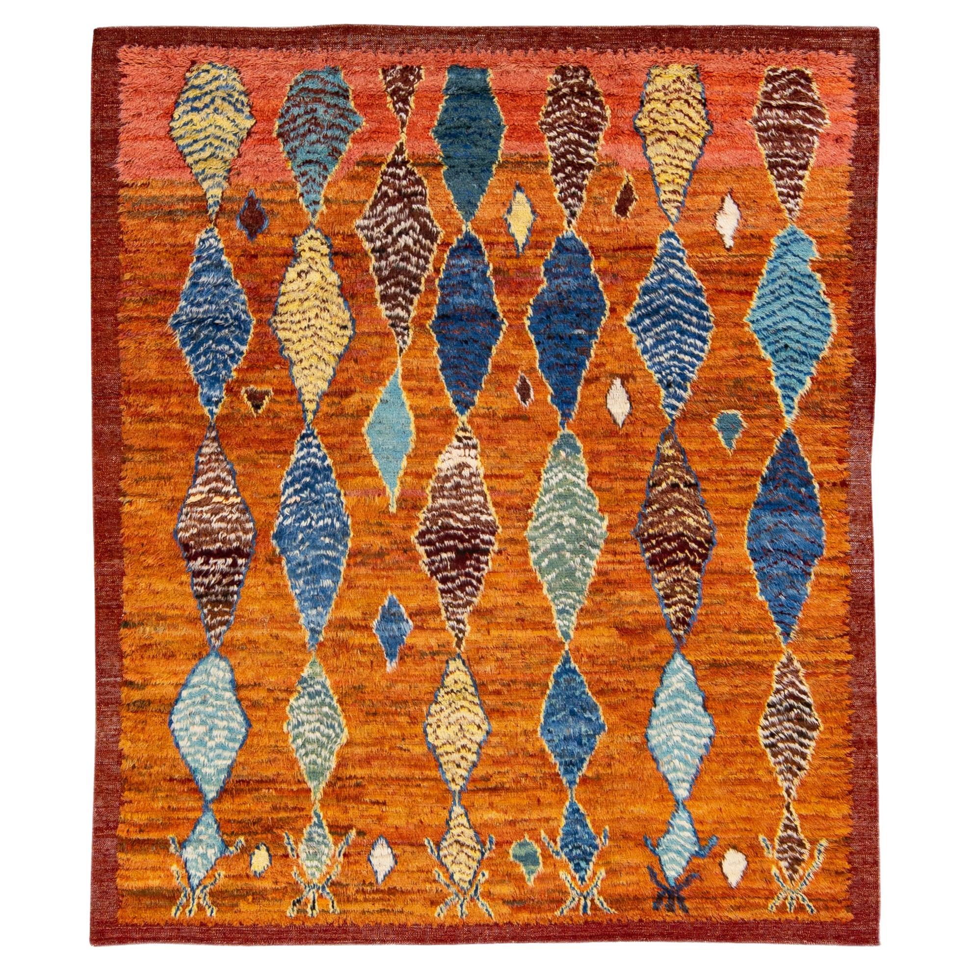 Orange Modern Moroccan Style Handmade Multicolor Tribal Wool Rug For Sale