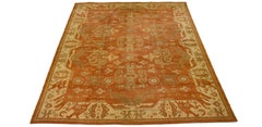 Orange Modern Turkish Oushak Wool Rug With Geometric Motif