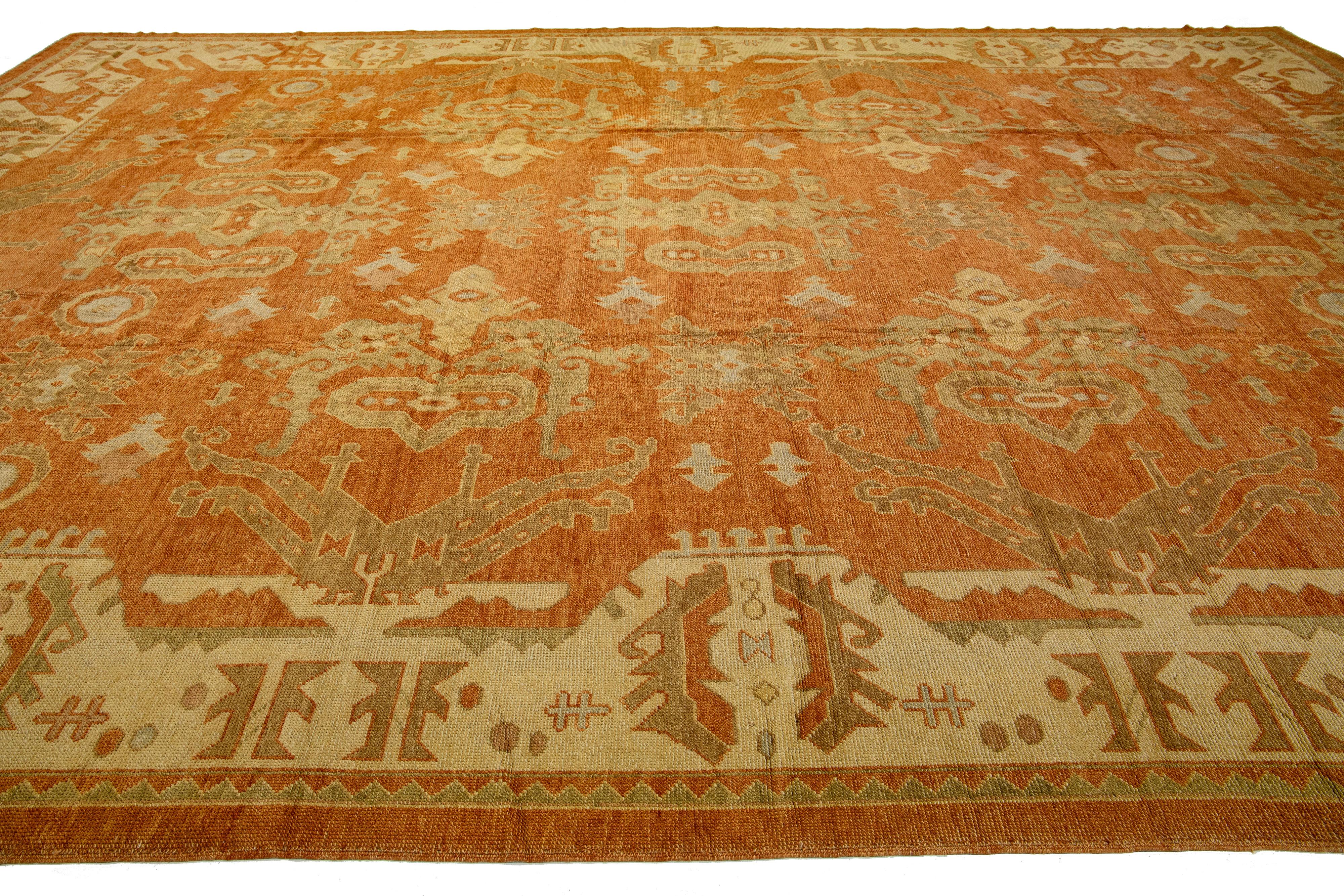 Hand-Knotted Orange Modern Turkish Oushak Wool Rug With Geometric Motif For Sale