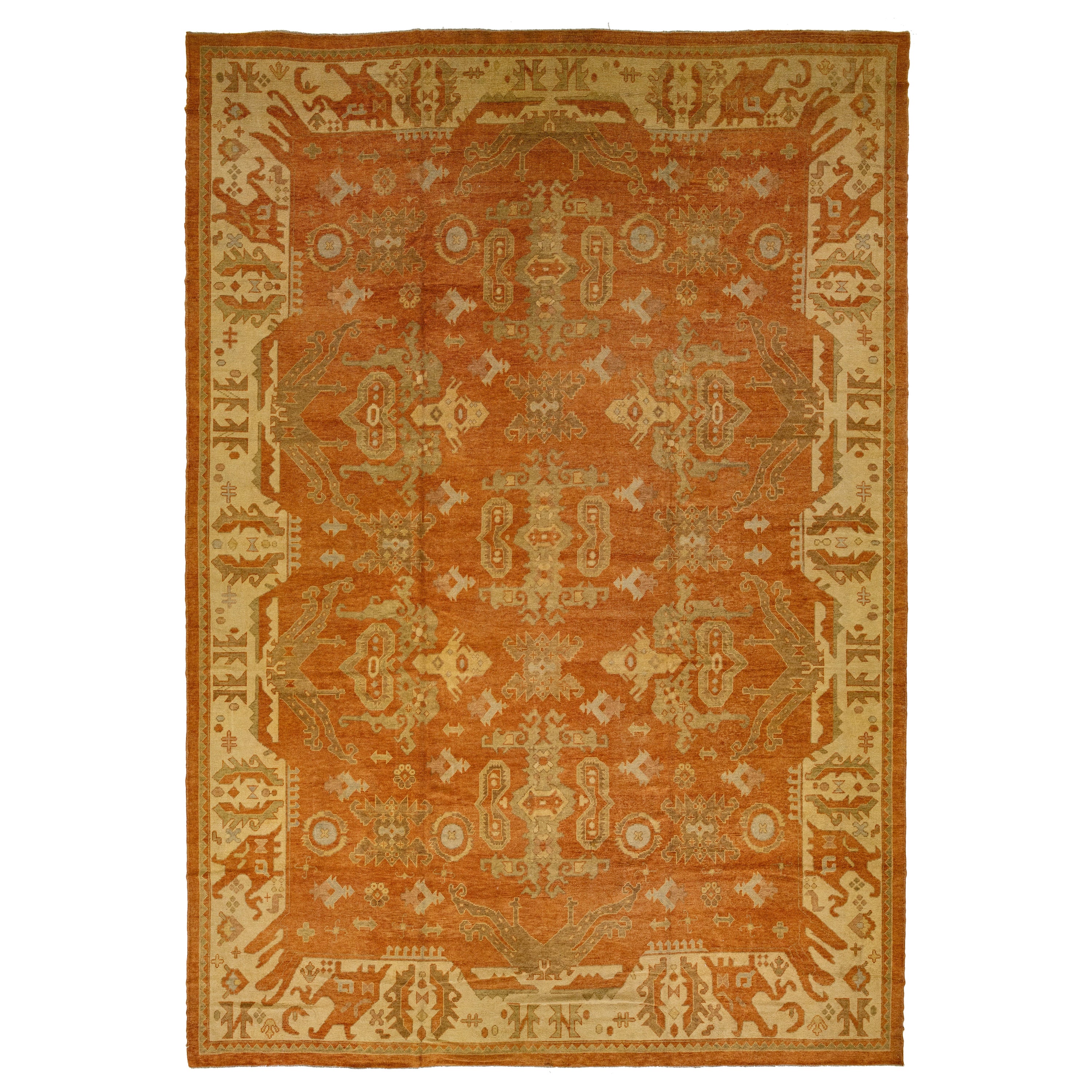 Tappeto moderno arancione in lana Oushak turca con motivo geometrico