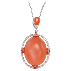 Orange Moonstone Pendant Sapphires and Diamonds 26.2 Carats 18K Gold