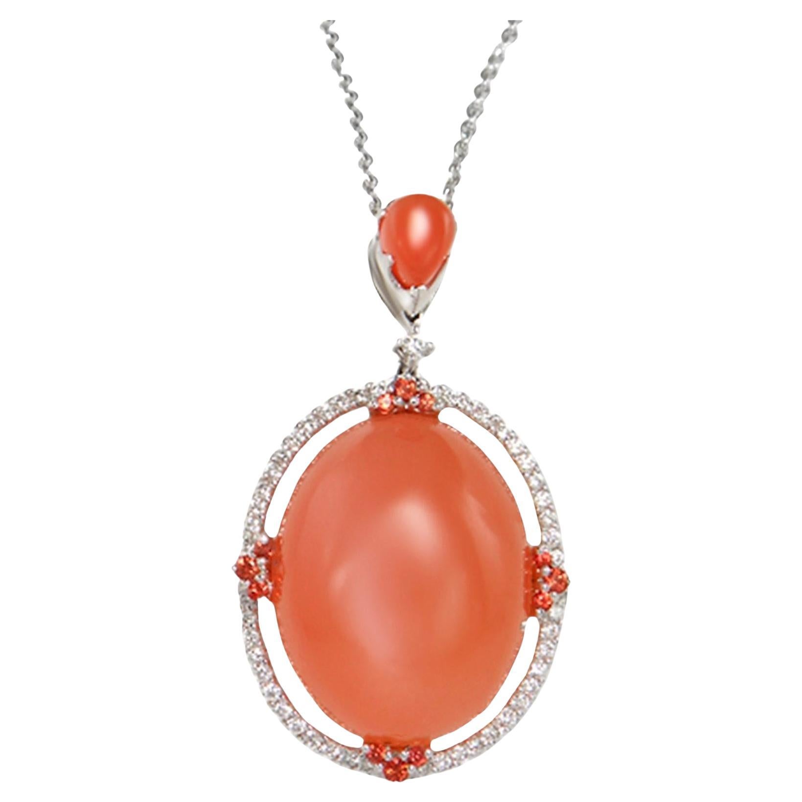 Orange Moonstone Pendant Sapphires and Diamonds 26.2 Carats 18K Gold
