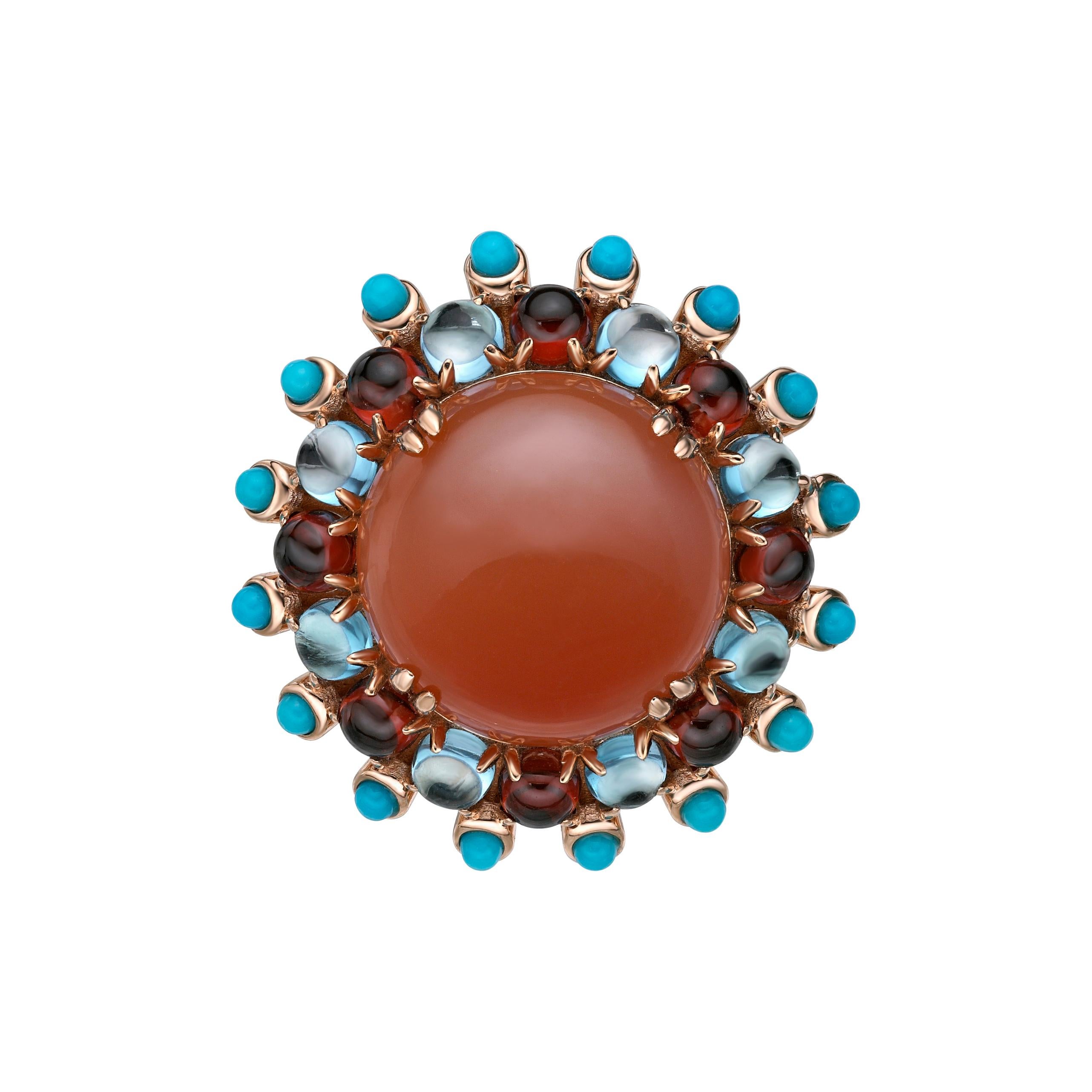 Contemporary Orange Moonstone with Gemstones Cocktail Ring in 18 Karat Rose Gold