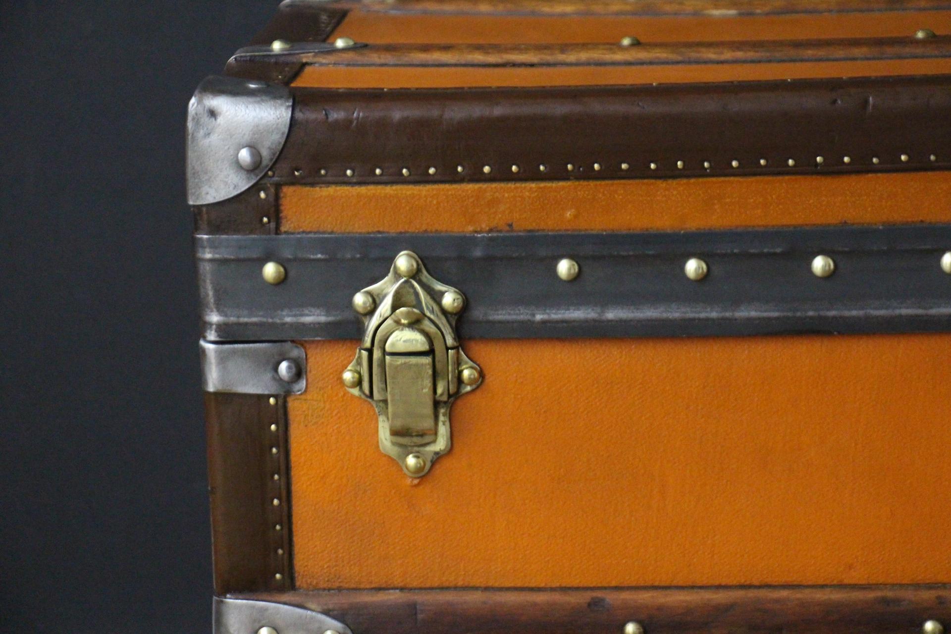 French Orange Moynat Trunk, Moynat Steamer Trunk, Moynat Luggage For Sale