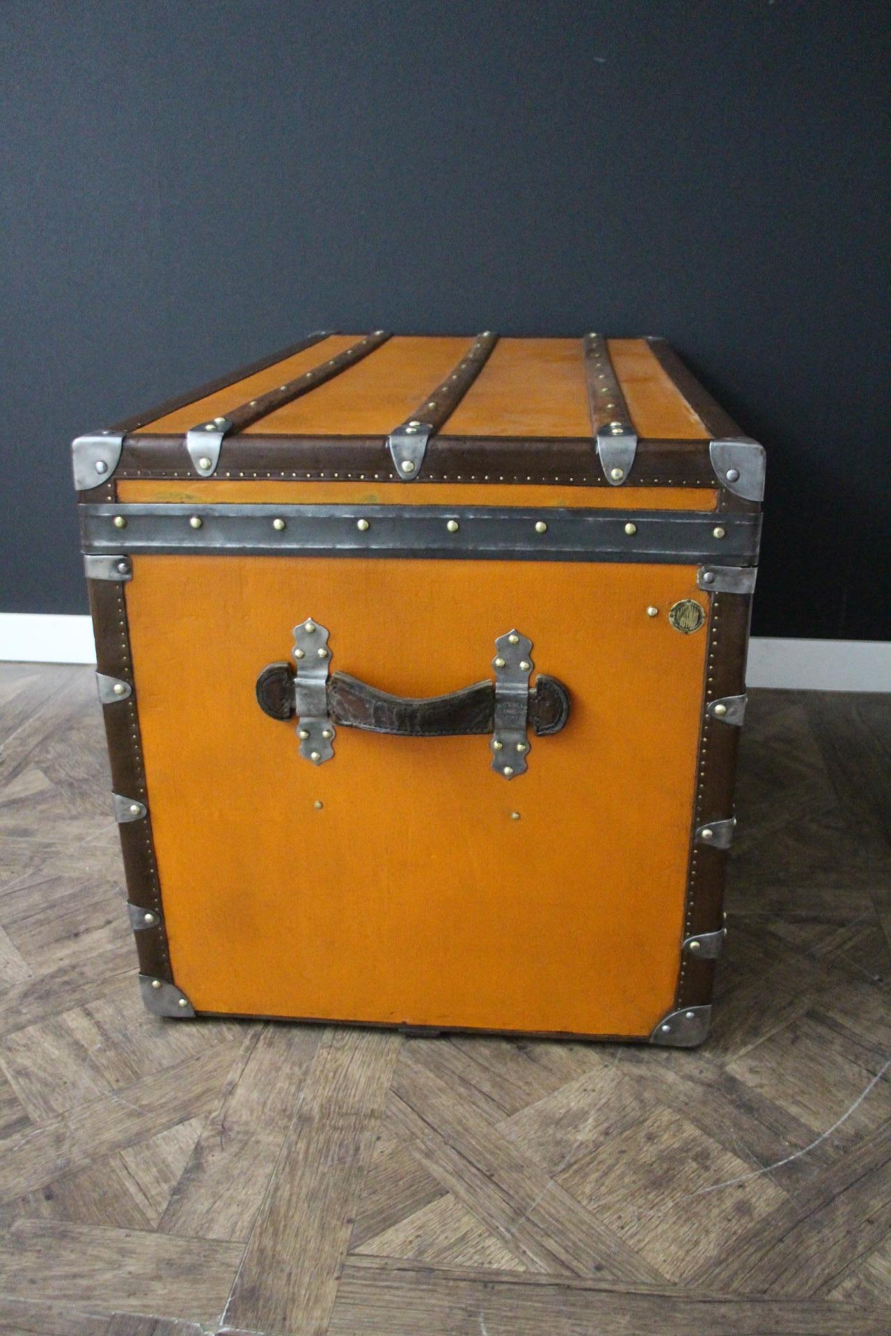 Brass Orange Moynat Trunk, Moynat Steamer Trunk, Moynat Luggage For Sale