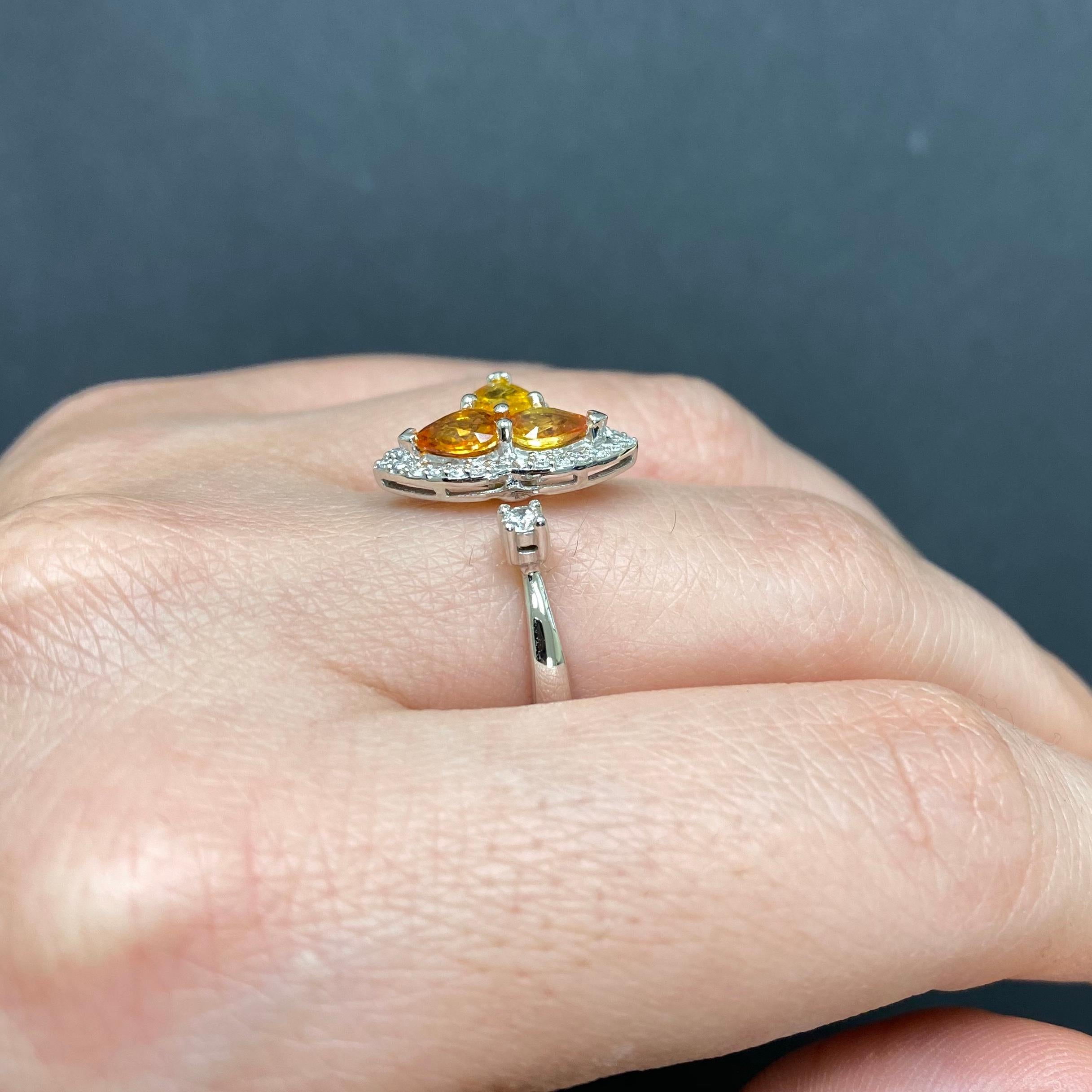 Contemporary Orange Multi-Color Sapphire and Diamond Toi et Moi Clover Ring
