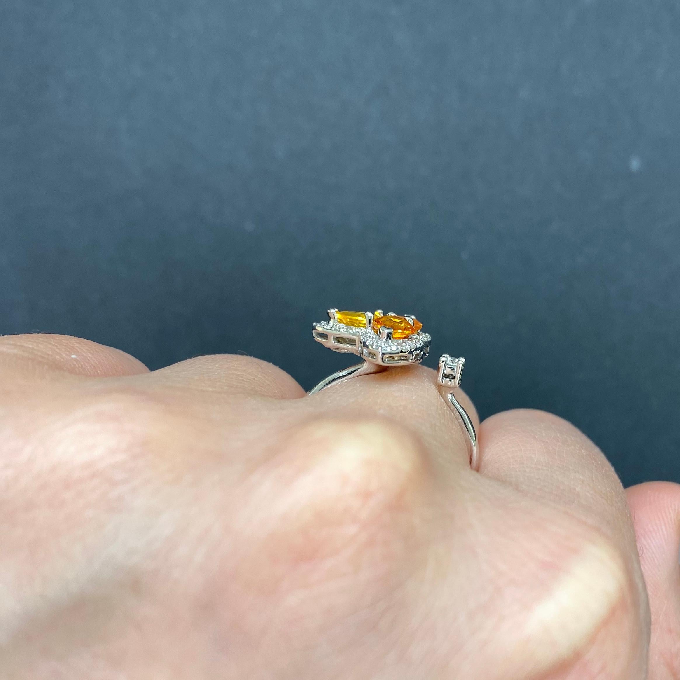 Orange Multi-Color Sapphire and Diamond Toi et Moi Clover Ring In New Condition In GREAT NECK, NY