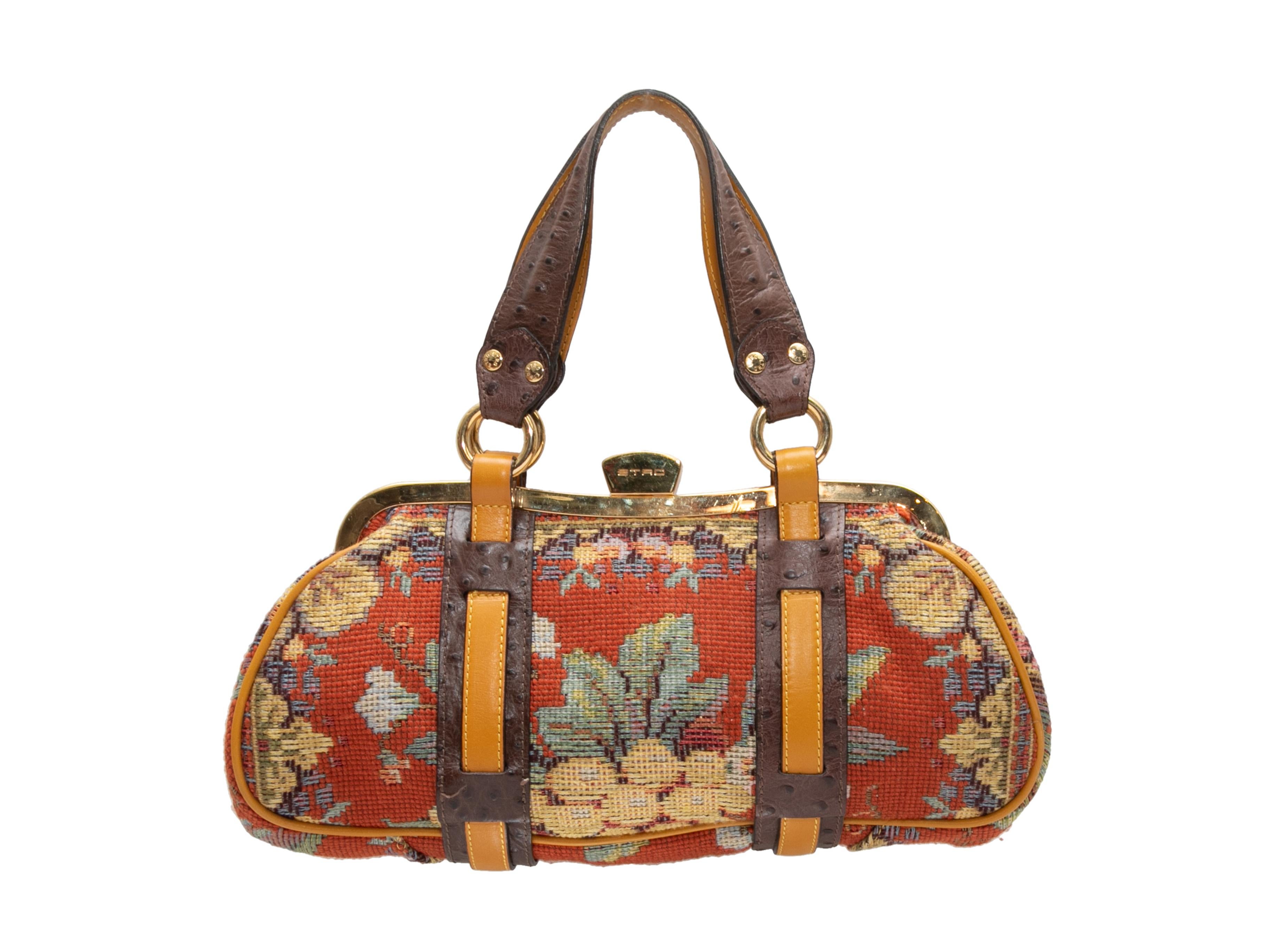 Orange & Multicolor Etro Needlepoint Patterned Handbag. This handbag features a needlepoint body, gold-tone hardware, leather trim, dual shoulder straps, and a top clasp closure. 13.25