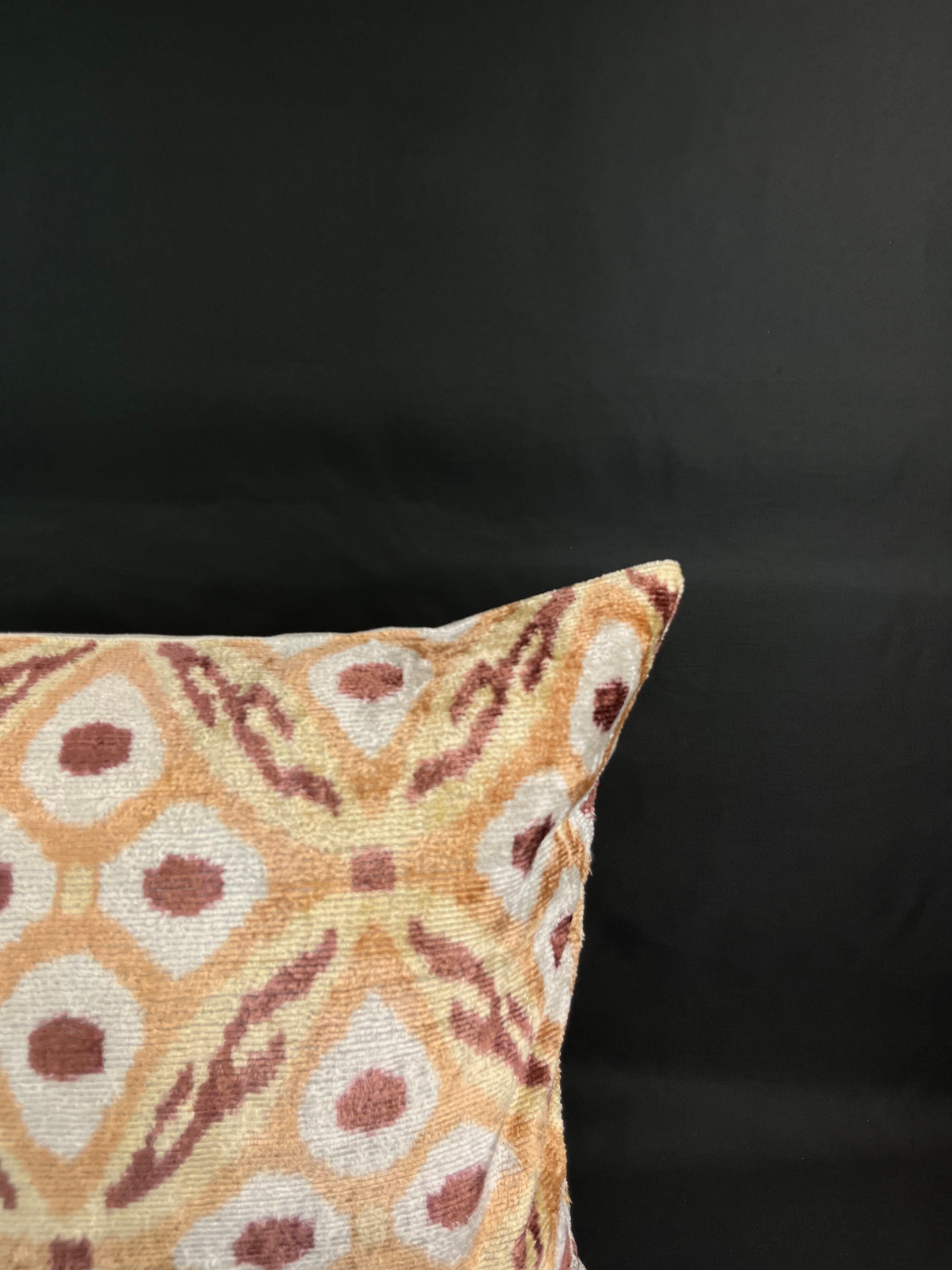 Modern Orange Multicolor Geometric Design Velvet Silk Ikat Pillow Cover For Sale