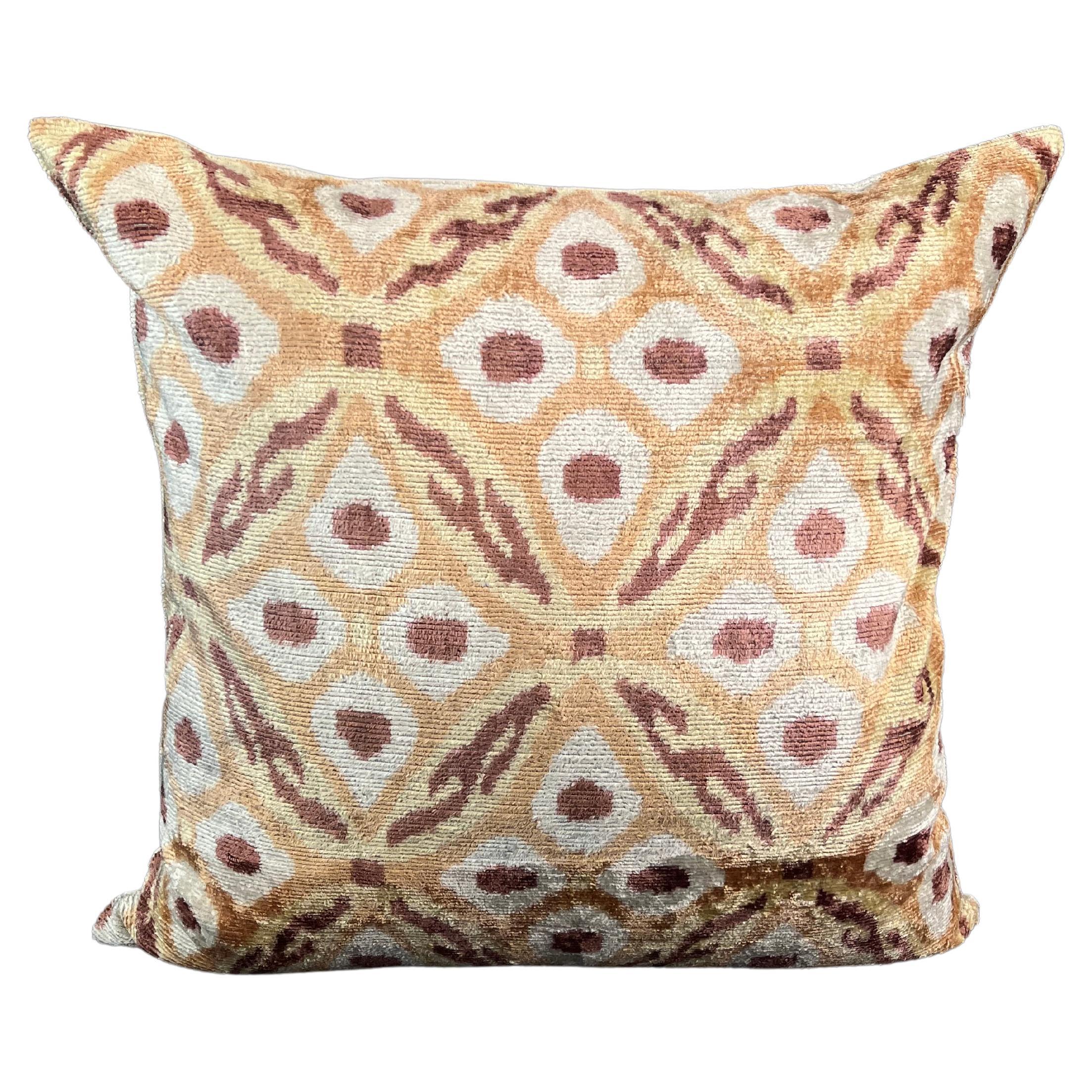 Orange Multicolor Geometric Design Velvet Silk Ikat Pillow Cover For Sale