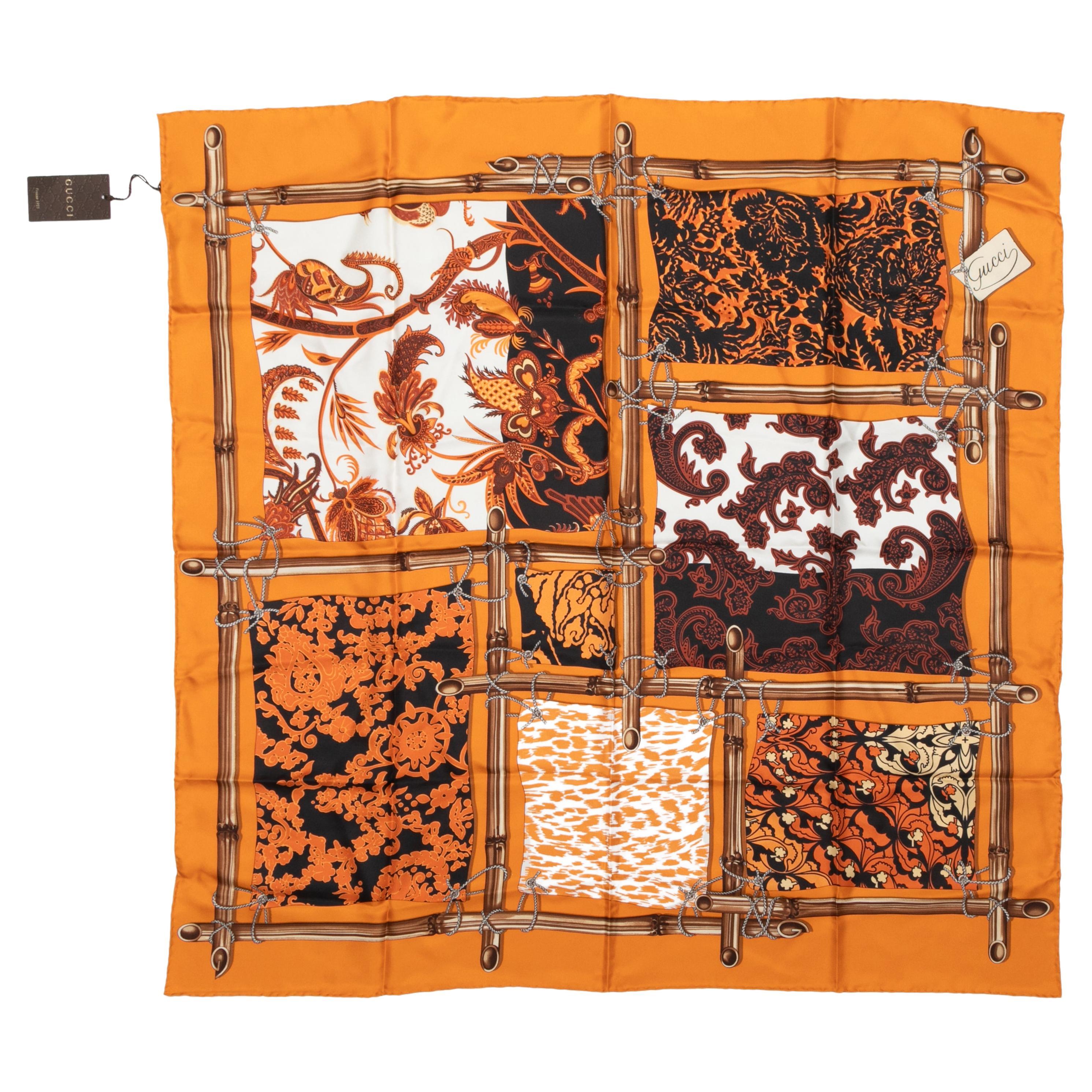 Orange & Multicolor Gucci Abstract Print Silk Scarf For Sale